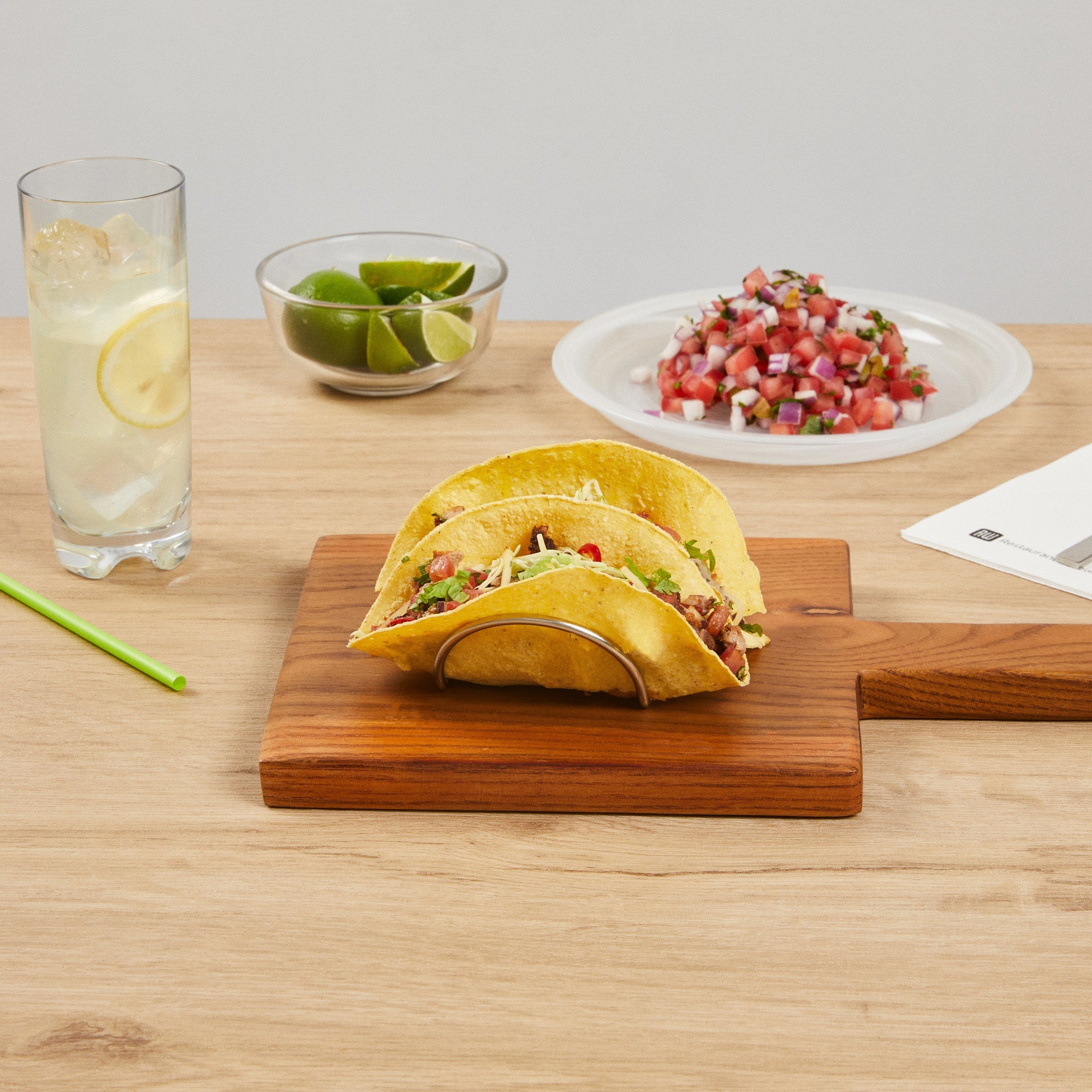 Met Lux Rectangle Silver Stainless Steel Duo Taco Rack Stand - 2 Tacos - 4 1/4" x 3 1/4" x 1 1/2" - 1 count box