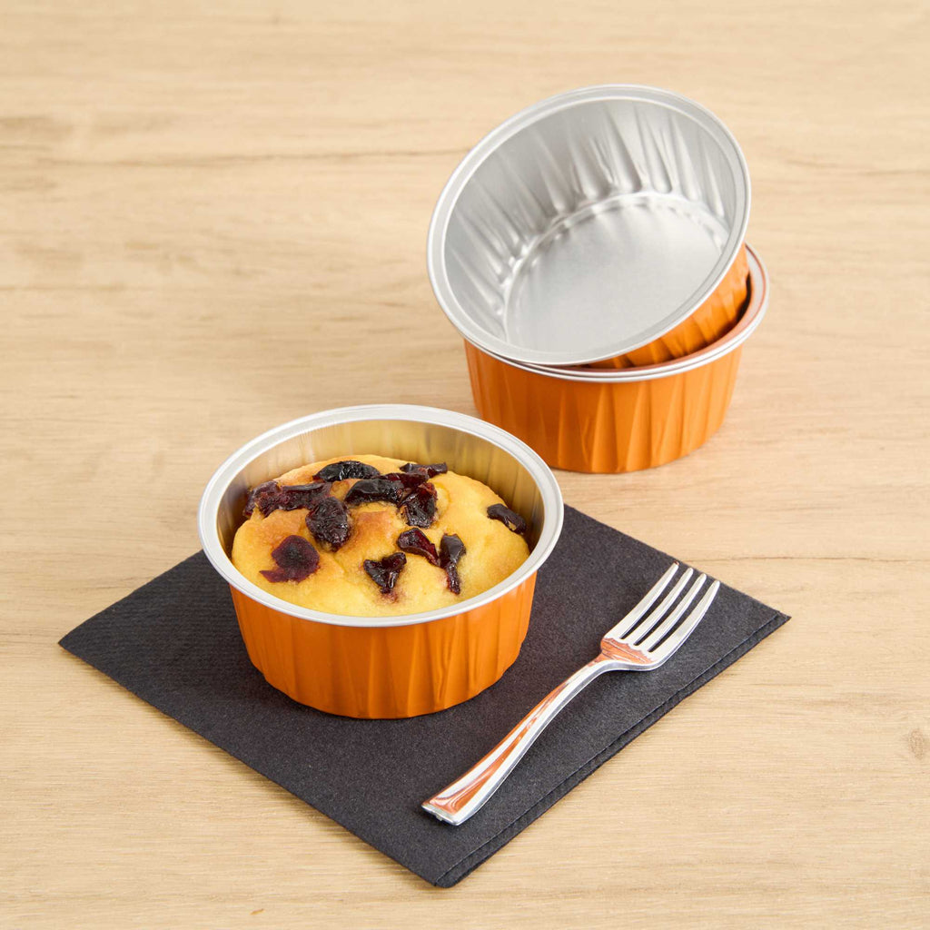 Foil Lux 4 oz Round Orange Aluminum Baking Cup - Lids Available - 3 1/4" x 3 1/4" x 1 1/2" - 100 count box