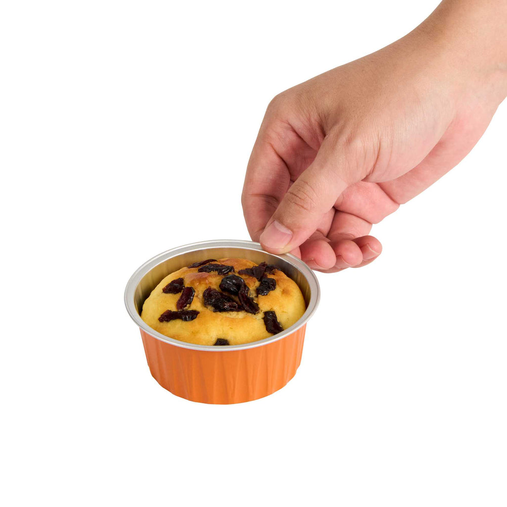 Foil Lux 4 oz Round Orange Aluminum Baking Cup - Lids Available - 3 1/4" x 3 1/4" x 1 1/2" - 100 count box