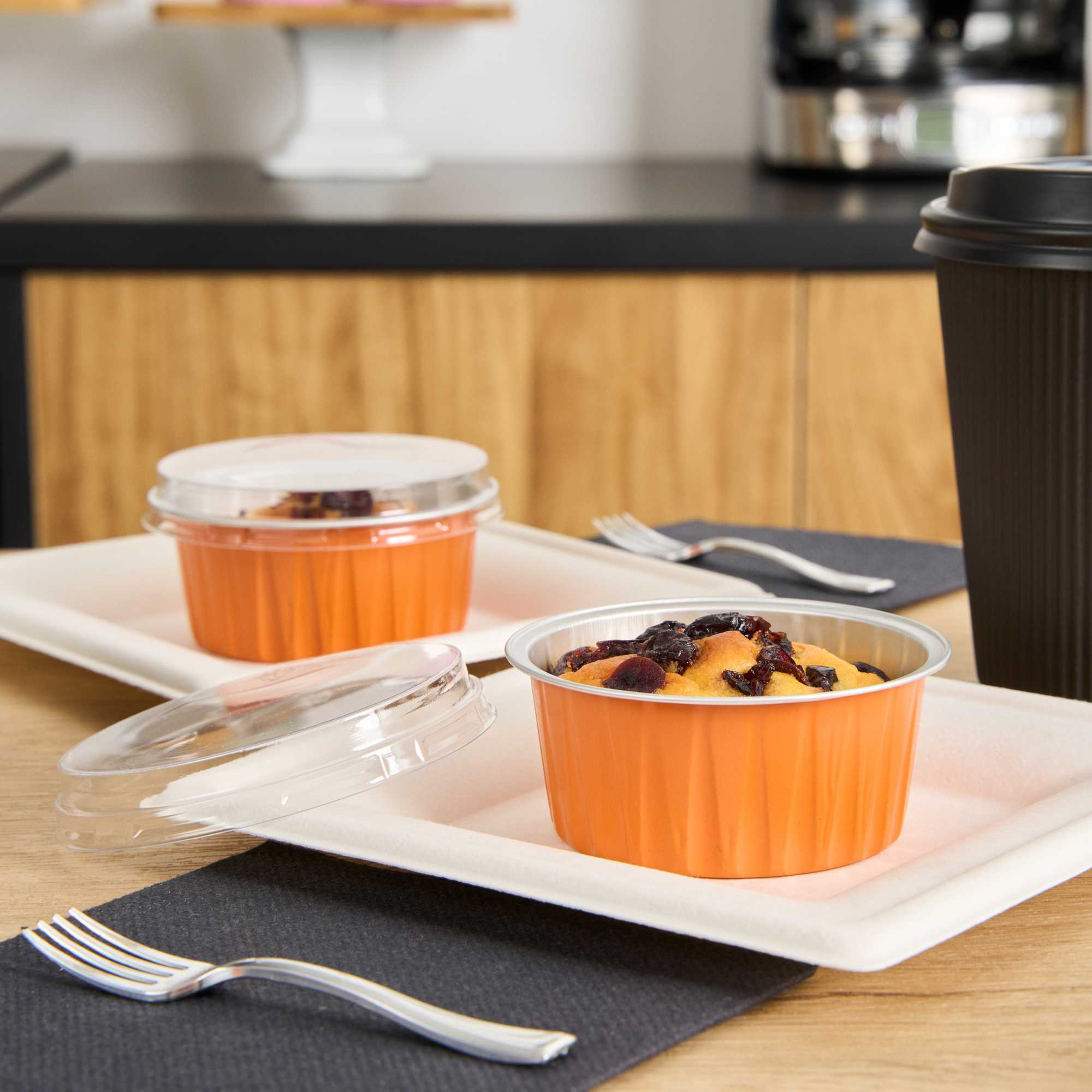 Foil Lux 4 oz Round Orange Aluminum Baking Cup - Lids Available - 3 1/4" x 3 1/4" x 1 1/2" - 100 count box