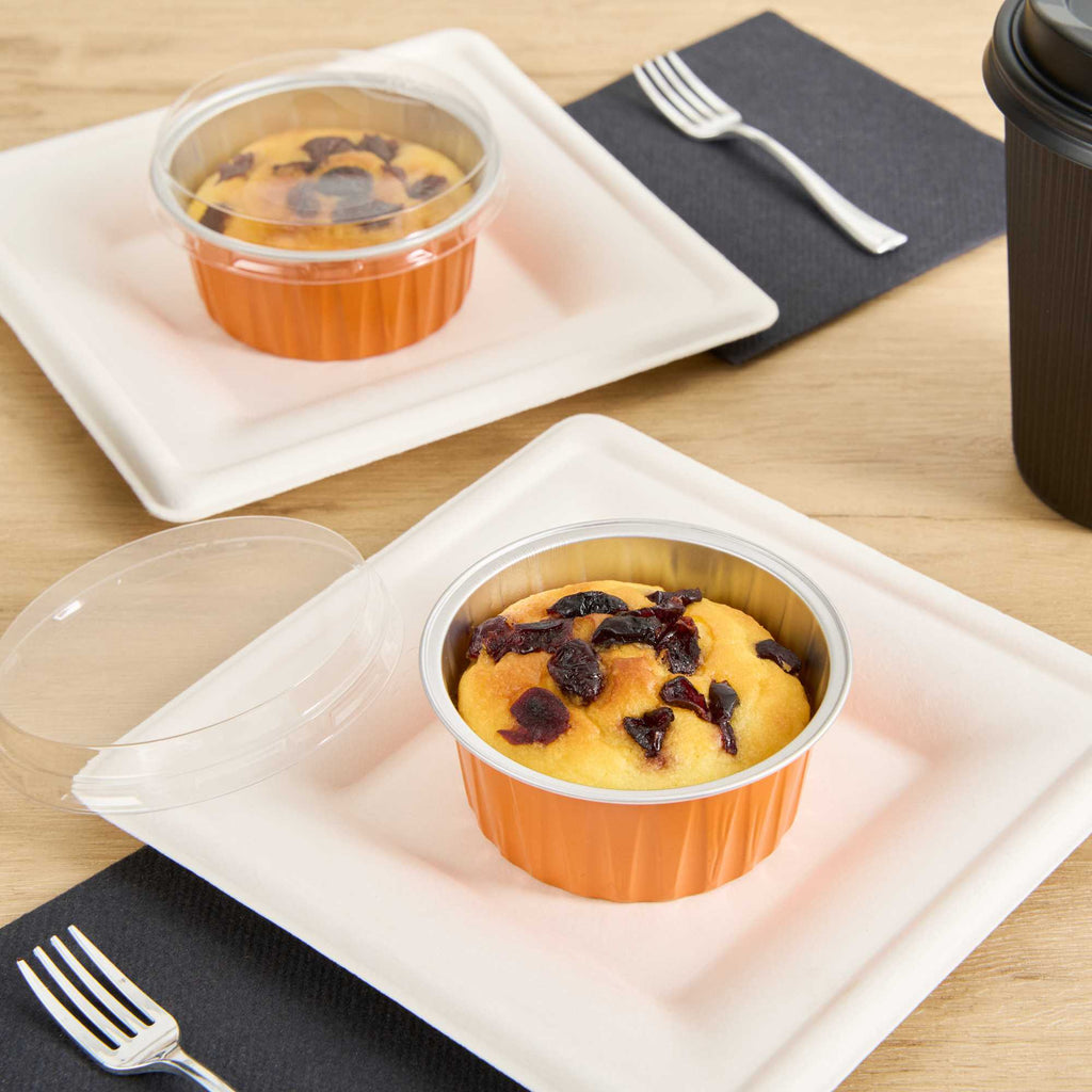 Foil Lux 4 oz Round Orange Aluminum Baking Cup - Lids Available - 3 1/4" x 3 1/4" x 1 1/2" - 100 count box