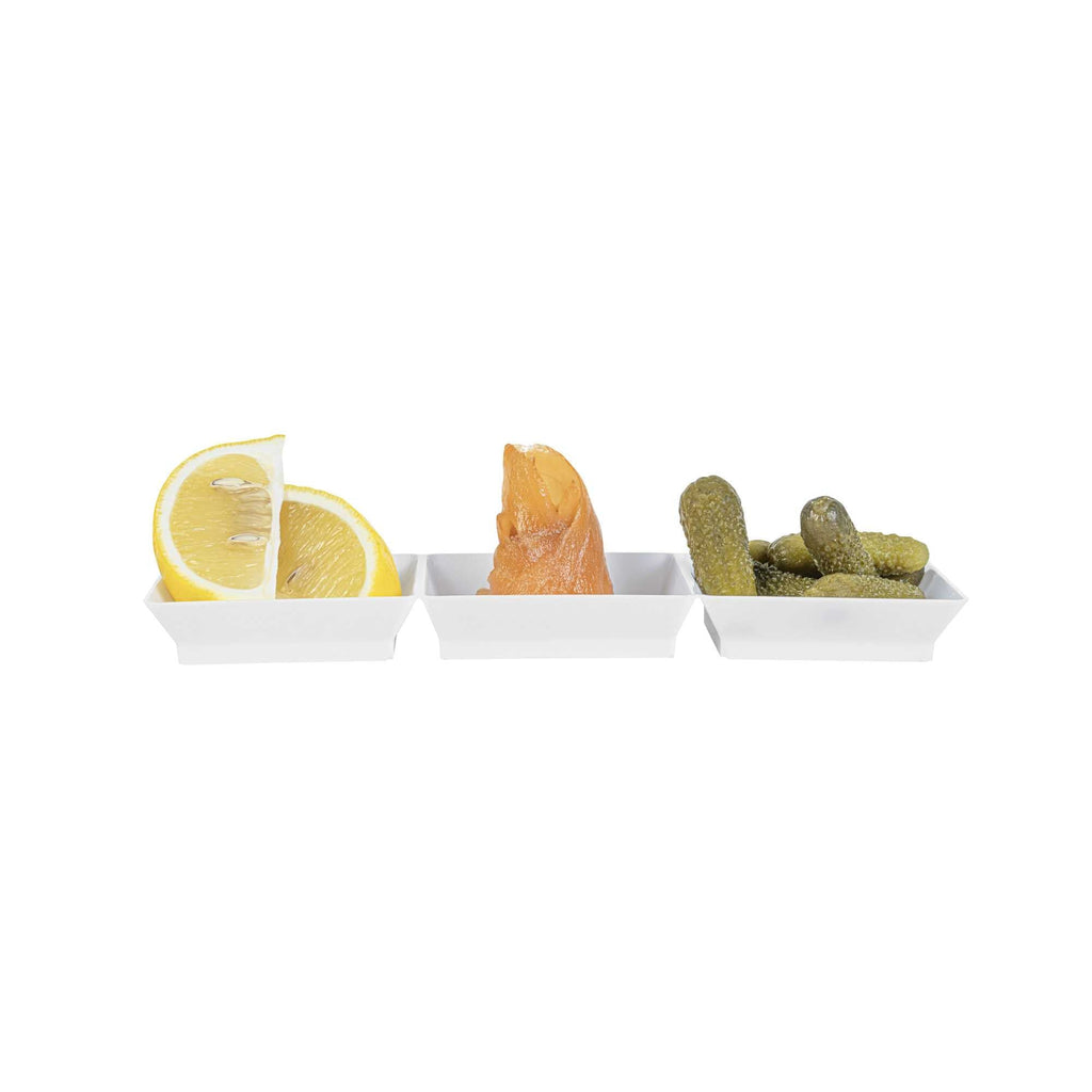 Mini Serve Rectangle White Plastic Terzetto Mini Plate - 3 Compartments - 7 1/2" x 2 1/2" x 1/2" - 100 count box