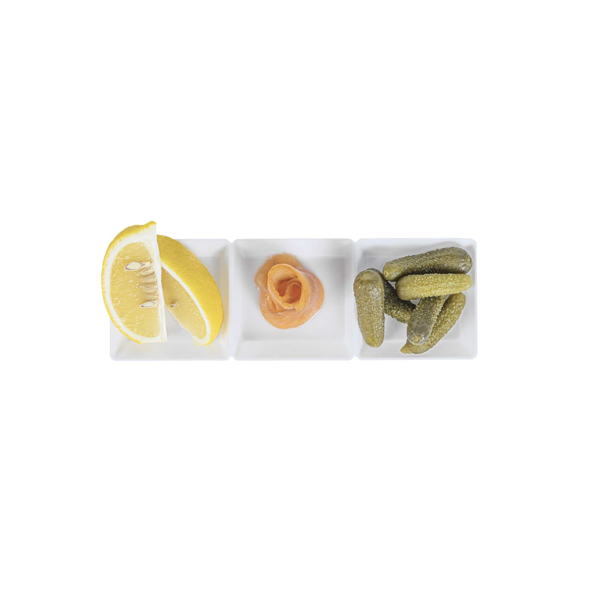 Mini Serve Rectangle White Plastic Terzetto Mini Plate - 3 Compartments - 7 1/2" x 2 1/2" x 1/2" - 100 count box