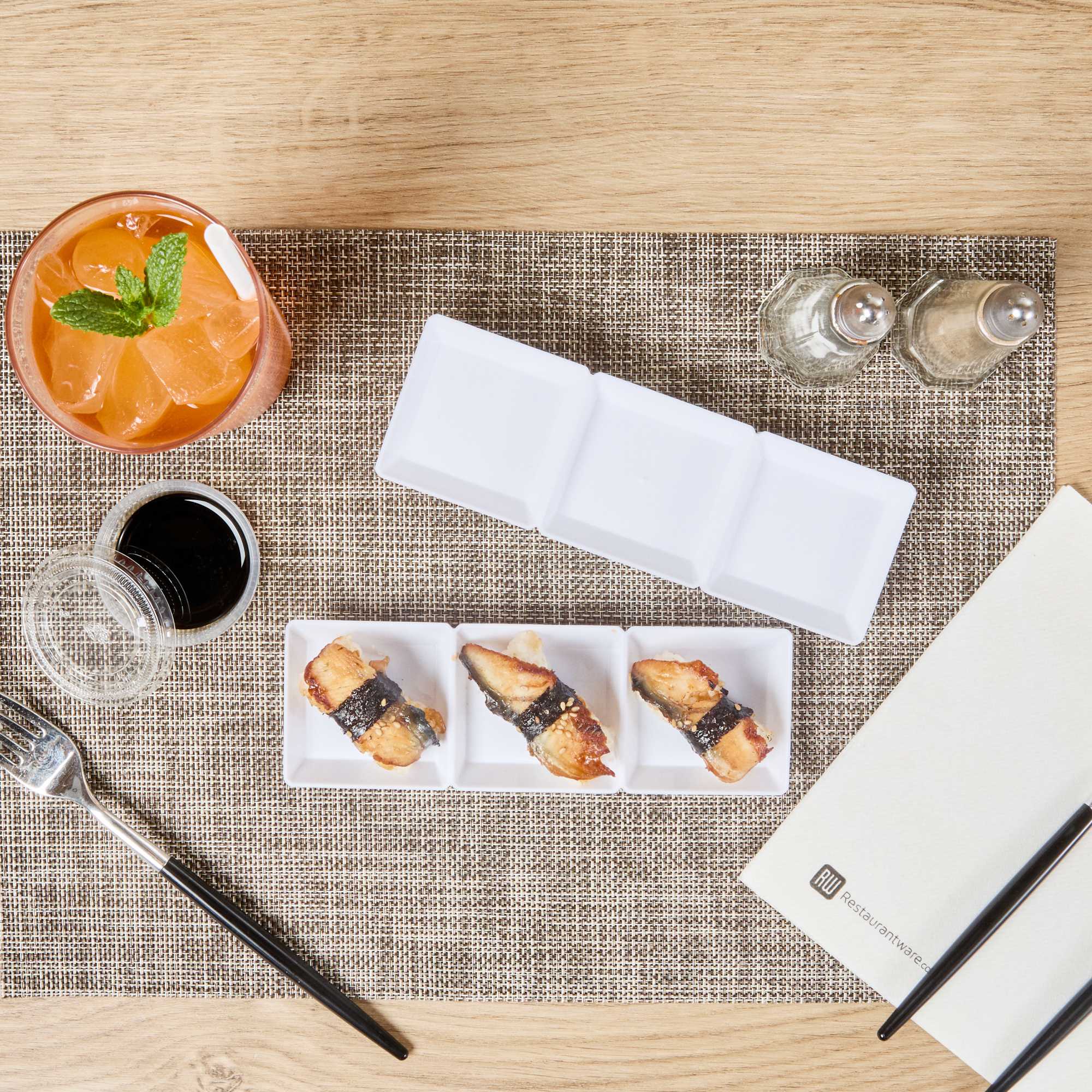 Mini Serve Rectangle White Plastic Terzetto Mini Plate - 3 Compartments - 7 1/2" x 2 1/2" x 1/2" - 100 count box