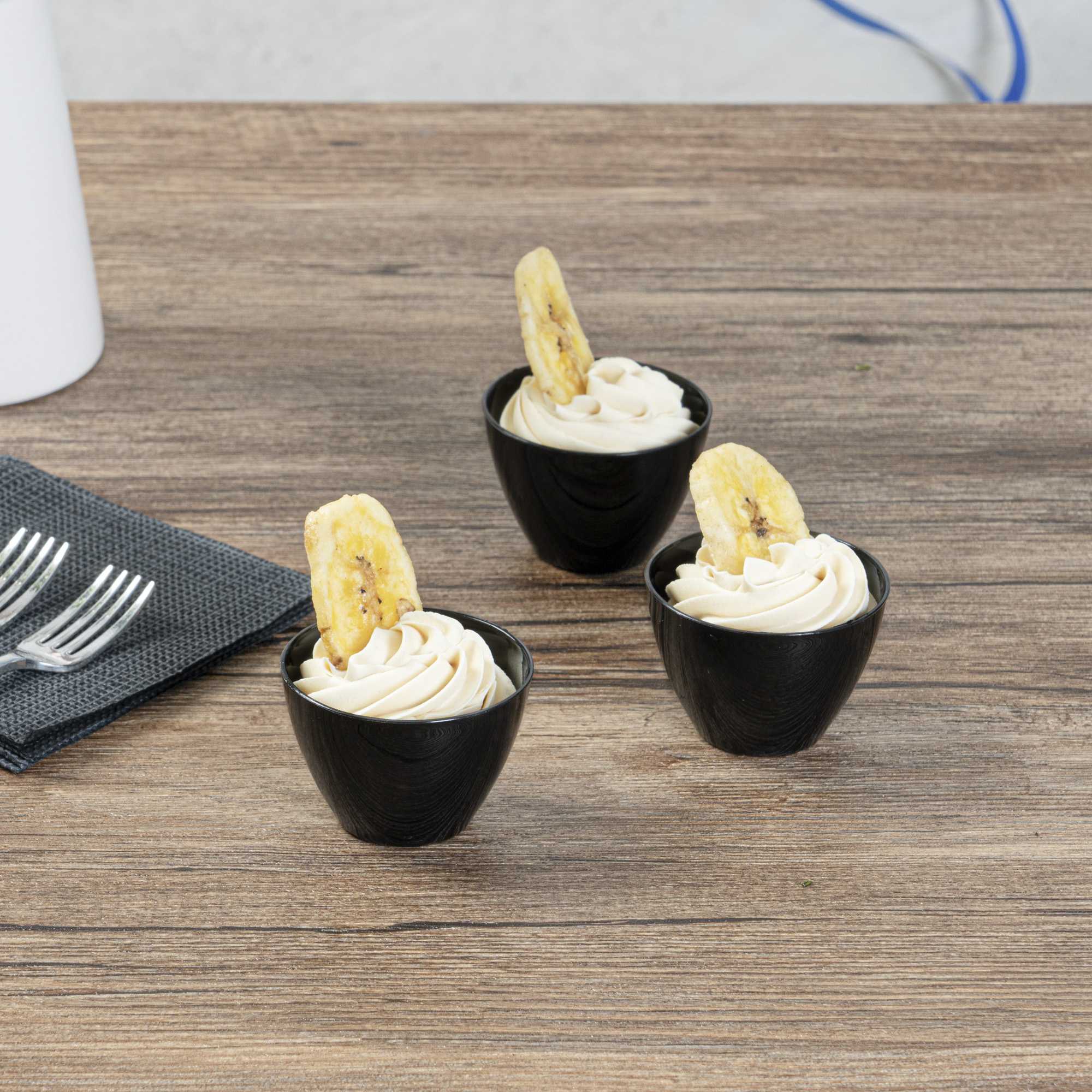 Mini Serve 2 oz Round Black Plastic Mini Tasting Bowl - 2" x 2" x 1 1/2" - 100 count box