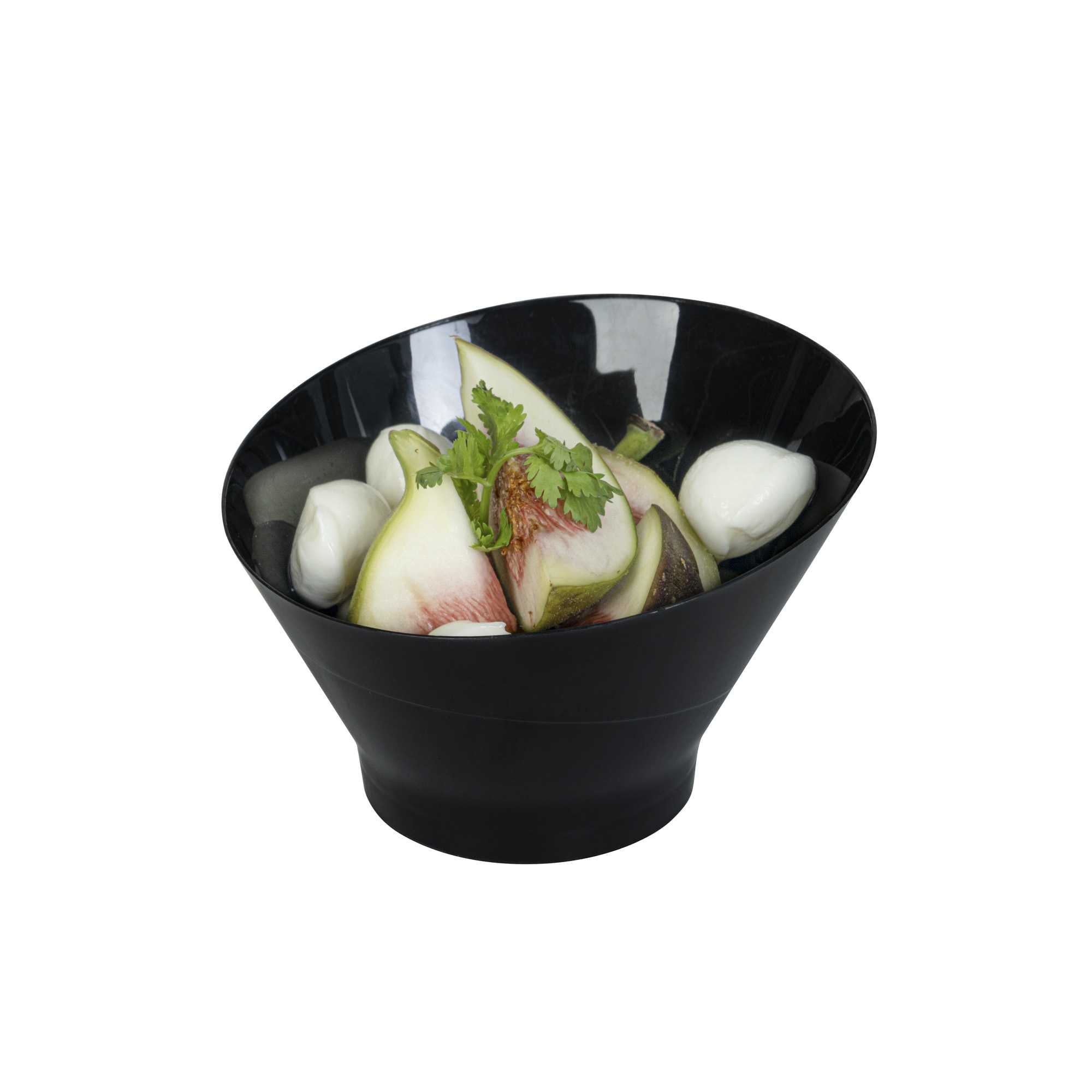 Mini Serve 7 oz Round Black Plastic Incline Bowl - 4 1/4" x 4 1/4" x 2 3/4" - 100 count box