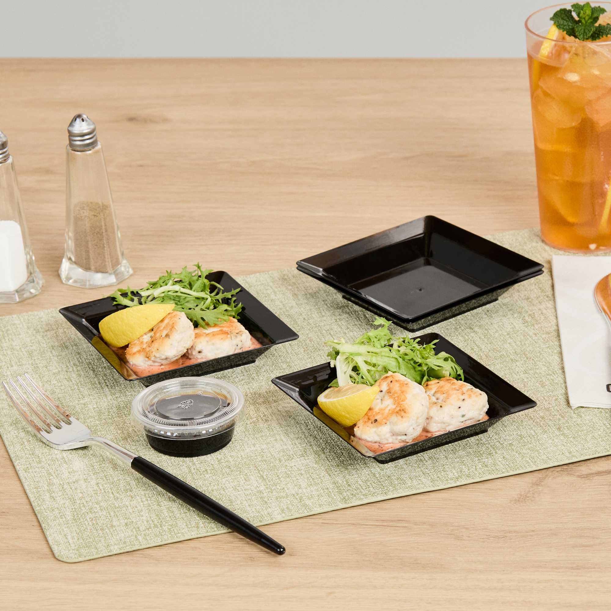 Mini Serve Square Black Plastic Plate - 4 1/4" x 4 1/4" x 1/2" - 100 count box