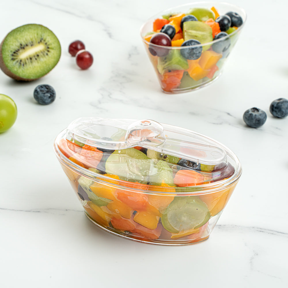 Mini Serve 4 oz Oval Clear Plastic Deli Cup - with Spork in Lid - 4 1/2" x 2 3/4" x 2 3/4" - 100 count box