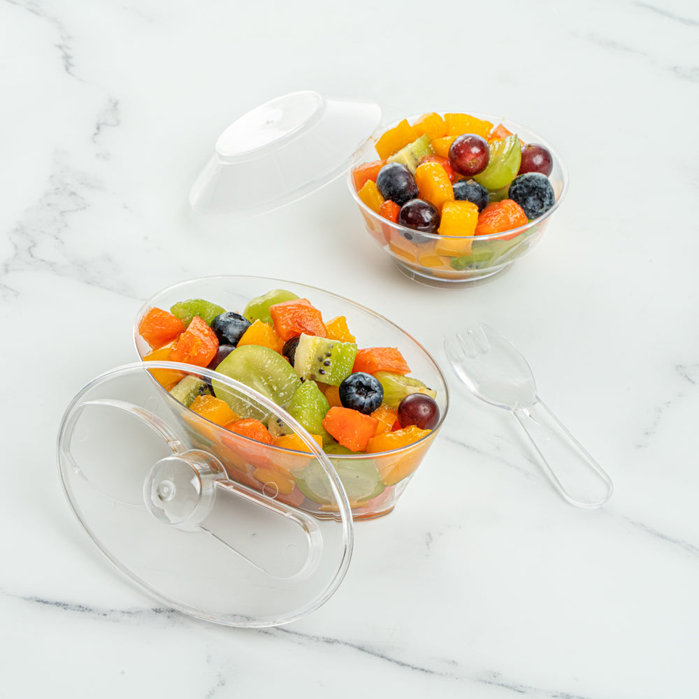 Mini Serve 4 oz Oval Clear Plastic Deli Cup - with Spork in Lid - 4 1/2" x 2 3/4" x 2 3/4" - 100 count box
