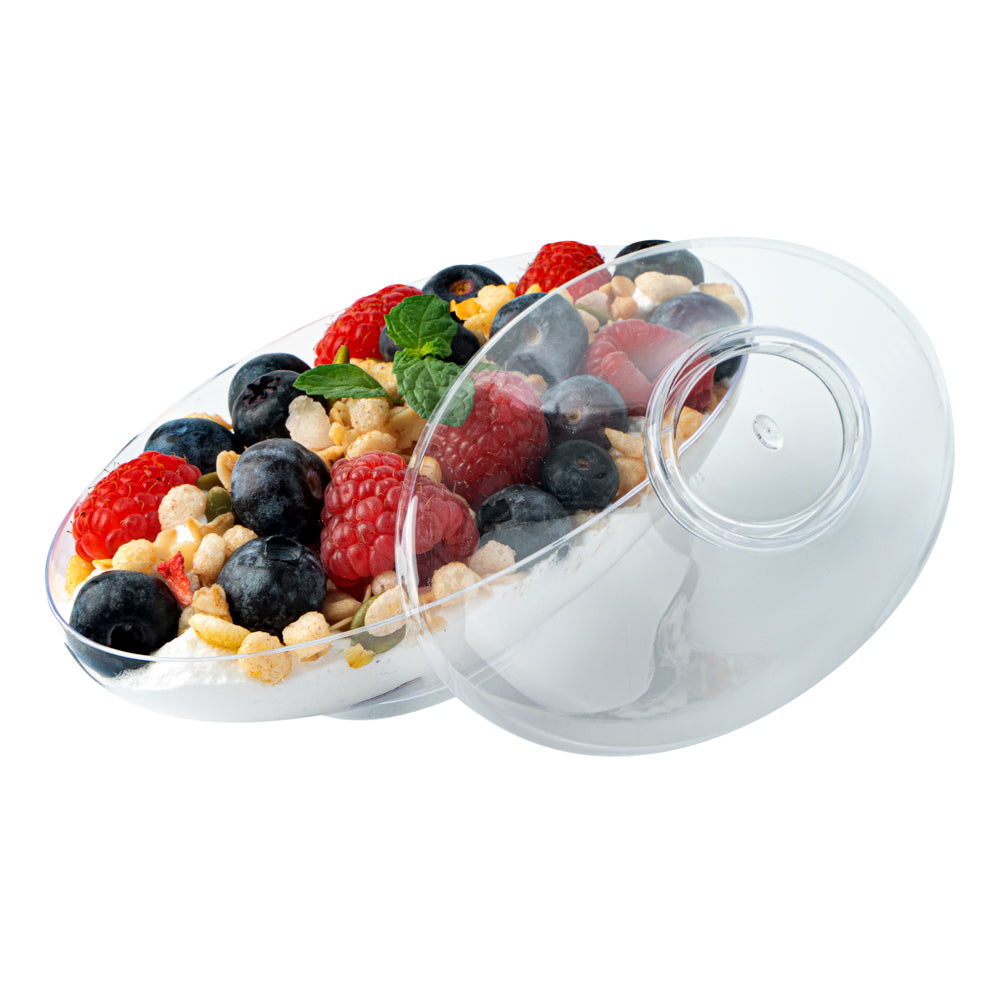 Mini Serve 6 oz Oval Clear Plastic Deli Cup - Stackable, with Lid - 5 1/2" x 3 1/4" x 2 1/2" - 100 count box