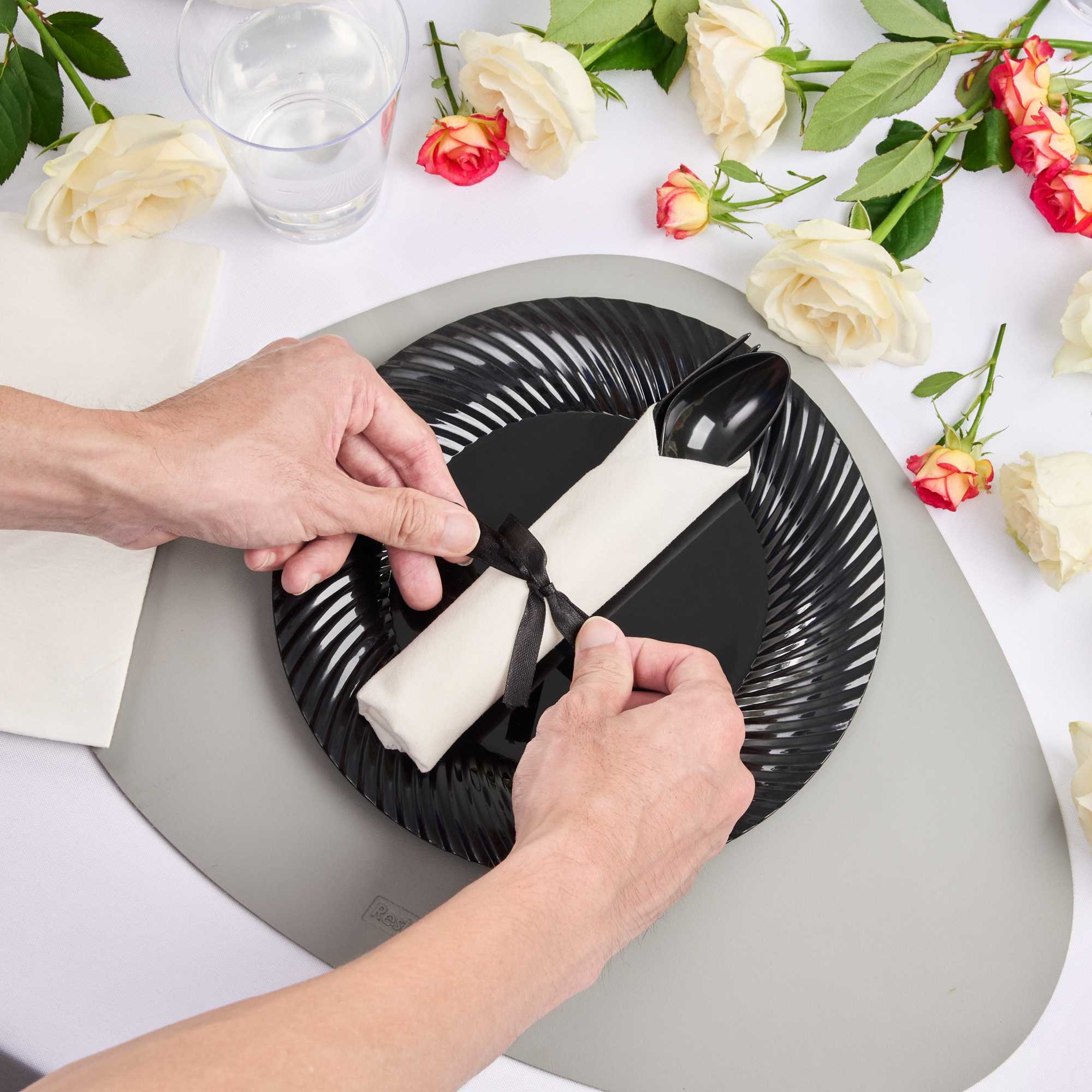 Moderna Black Plastic Cutlery Set - with White Napkin, Black Ribbon - 7 1/4" x 2" x 1 3/4" - 100 count box