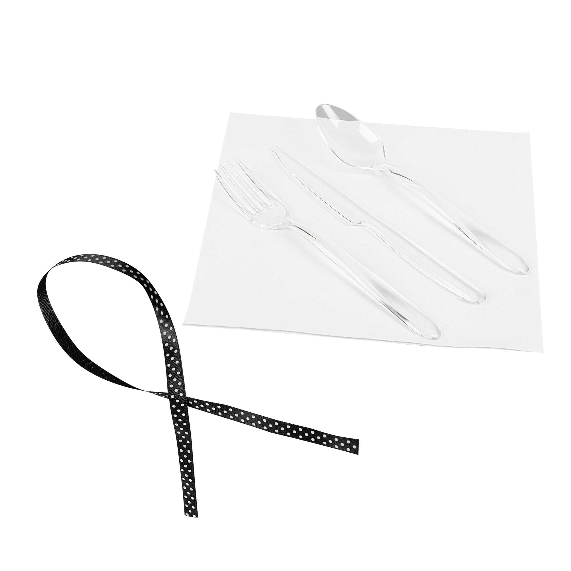 Moderna Clear Plastic Cutlery Set - with White Napkin, Polka Dot Ribbon - 7 1/4" x 2" x 1 3/4" - 100 count box