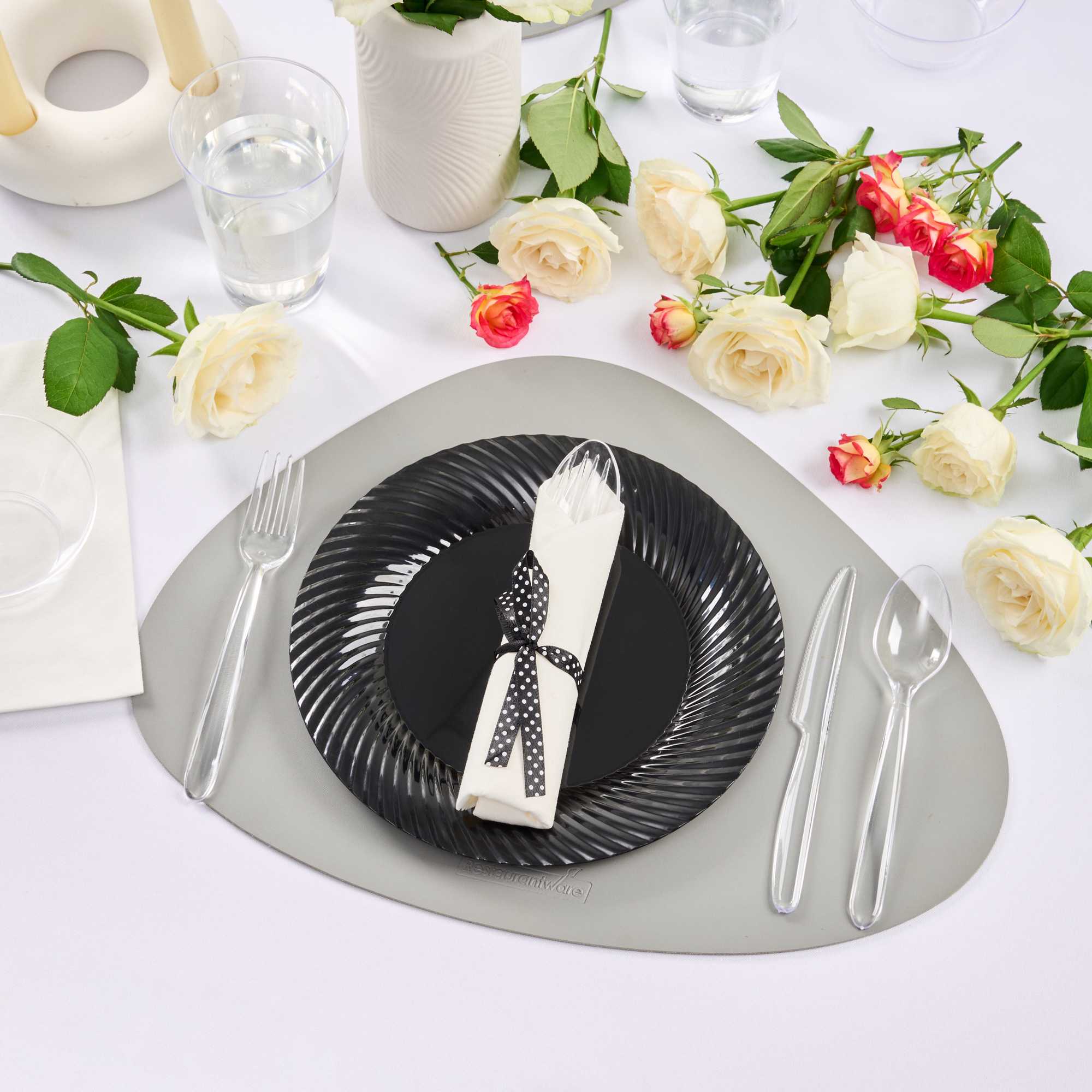 Moderna Clear Plastic Cutlery Set - with White Napkin, Polka Dot Ribbon - 7 1/4" x 2" x 1 3/4" - 100 count box