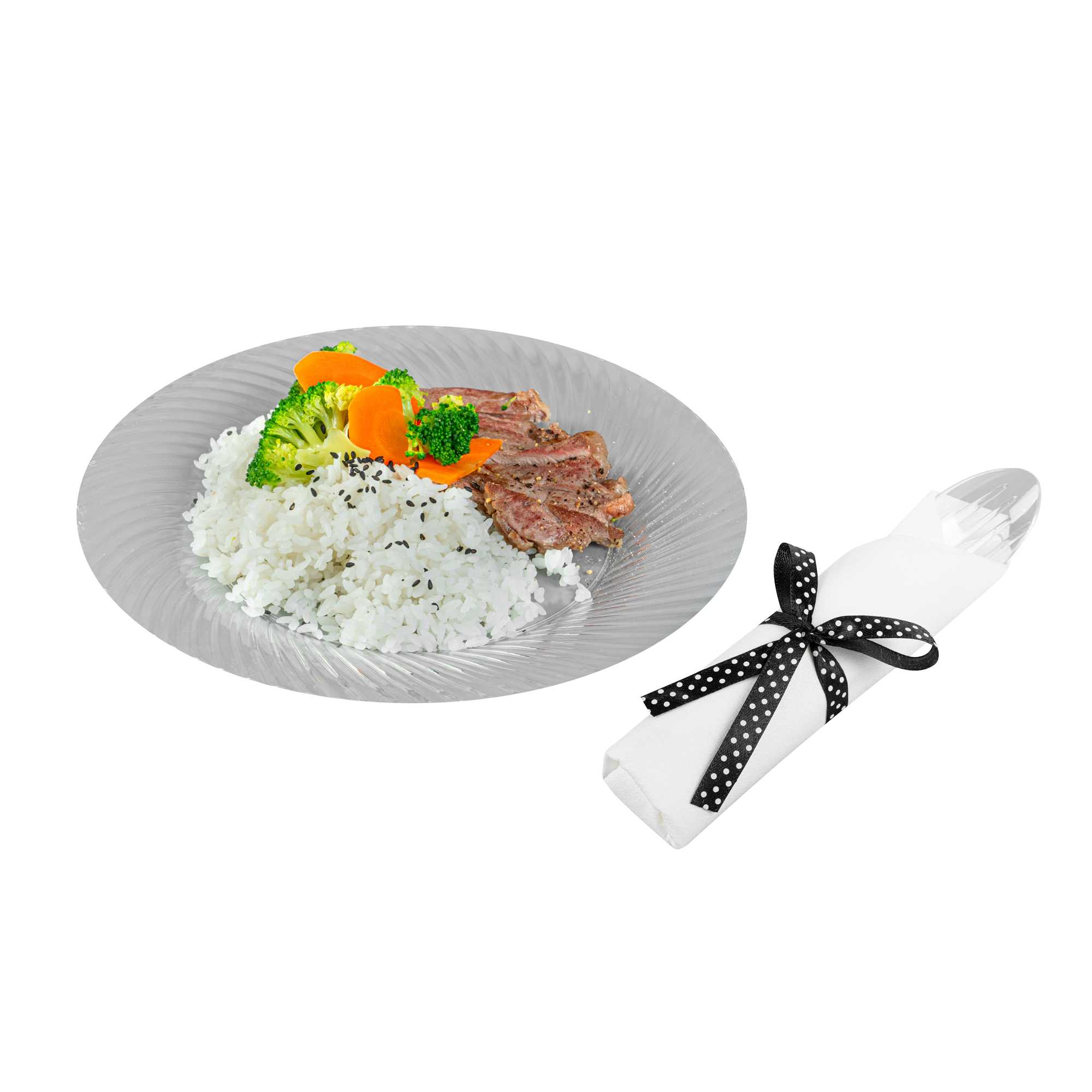 Moderna Clear Plastic Cutlery Set - with White Napkin, Polka Dot Ribbon - 7 1/4" x 2" x 1 3/4" - 100 count box