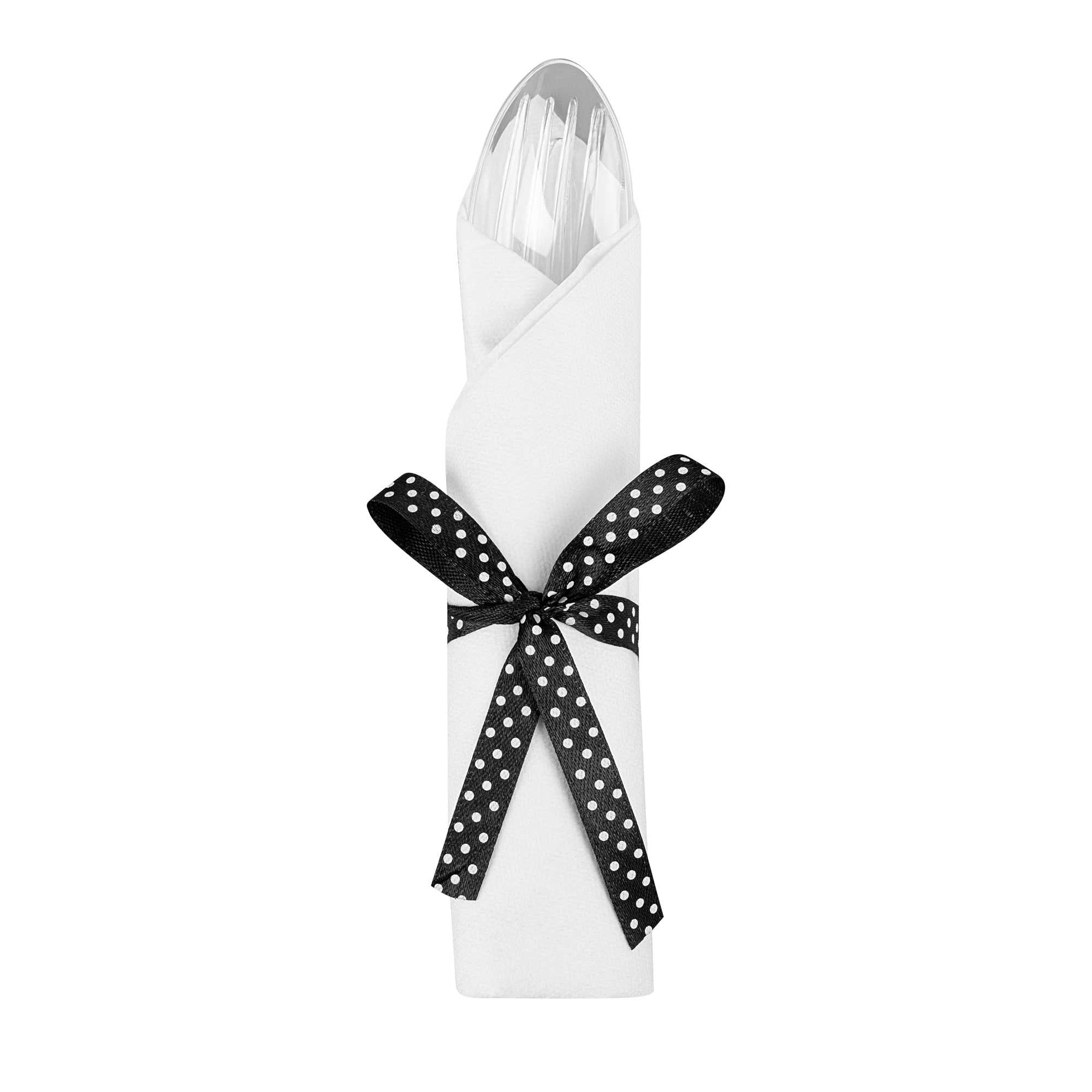 Moderna Clear Plastic Cutlery Set - with White Napkin, Polka Dot Ribbon - 7 1/4" x 2" x 1 3/4" - 100 count box