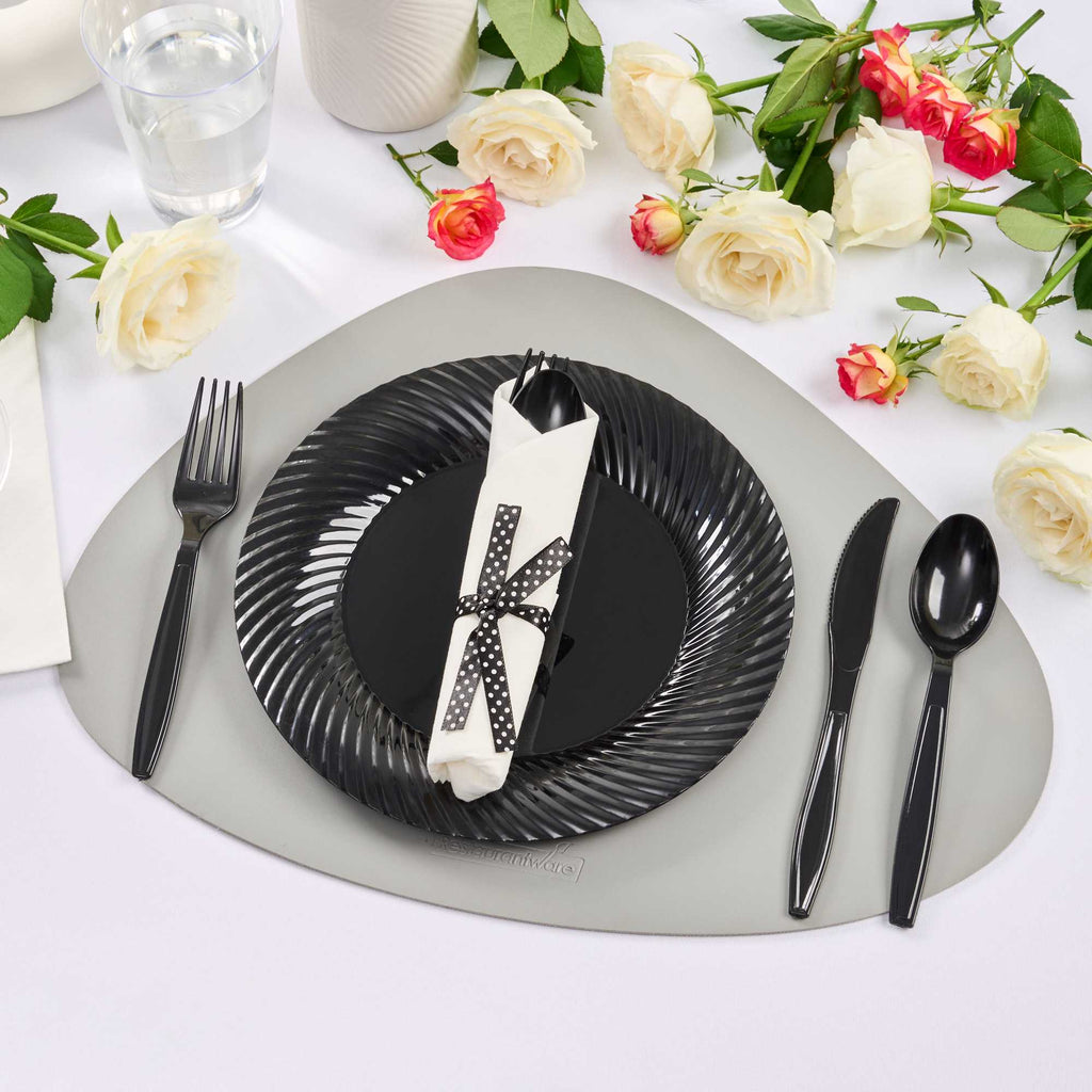 Argento Black Plastic Cutlery Set - with White Napkin, Polka Dot Ribbon - 7 1/4" x 2" x 1 3/4" - 100 count box