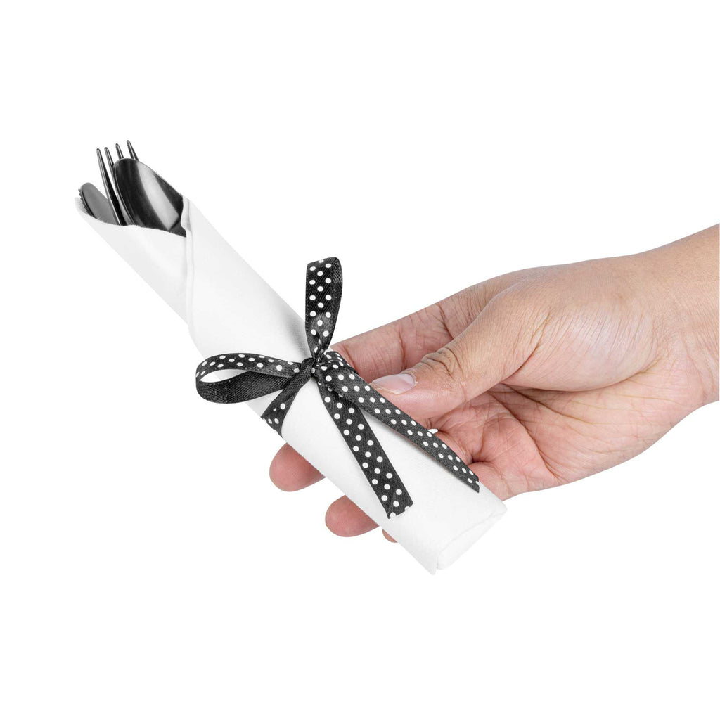 Argento Black Plastic Cutlery Set - with White Napkin, Polka Dot Ribbon - 7 1/4" x 2" x 1 3/4" - 100 count box