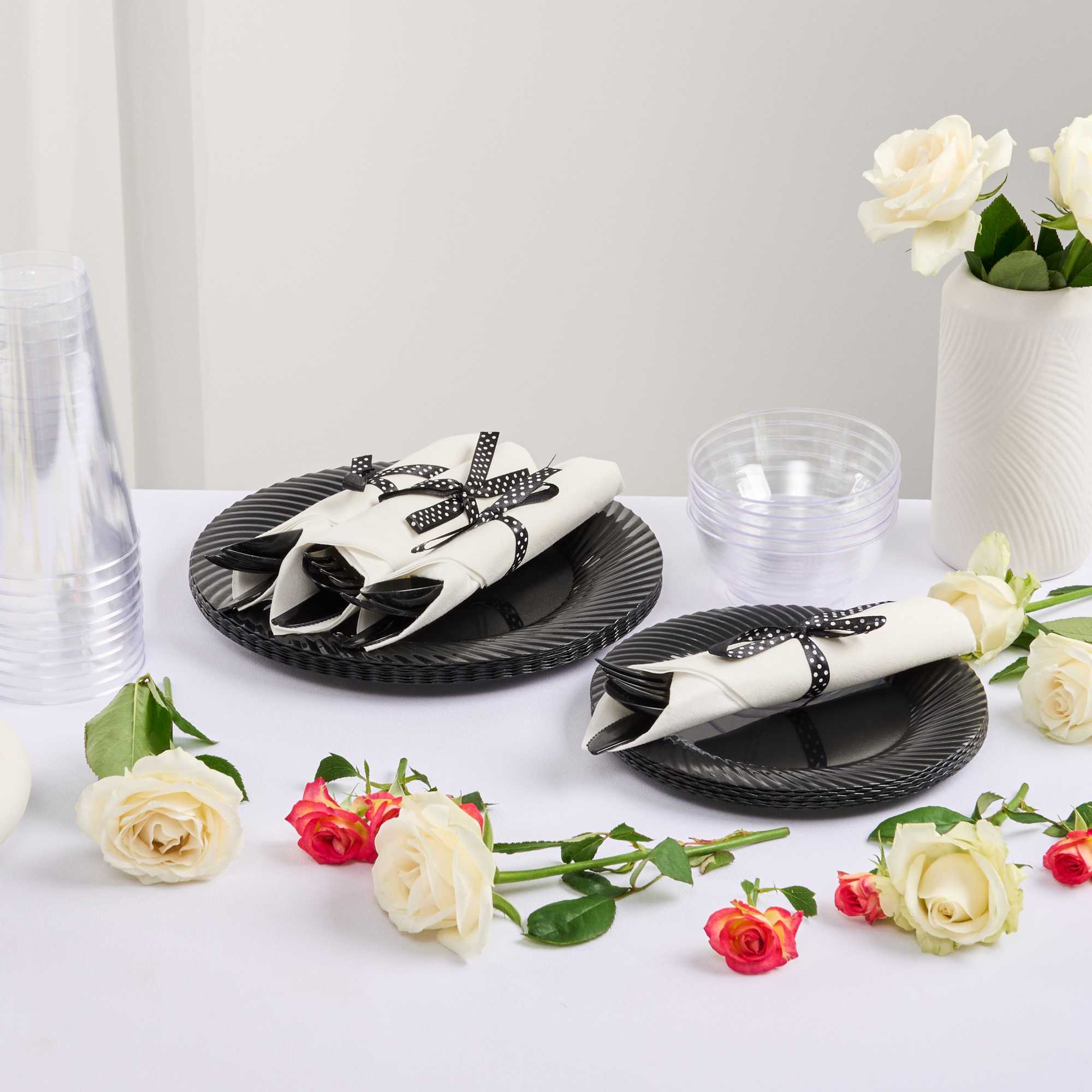 Argento Black Plastic Cutlery Set - with White Napkin, Polka Dot Ribbon - 7 1/4" x 2" x 1 3/4" - 100 count box