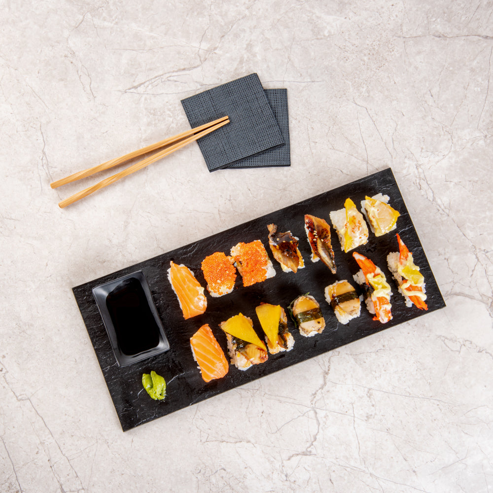 Maxi Serve Rectangle Black Plastic Large Plate - Faux Slate - 16" x 7" - 25 count box