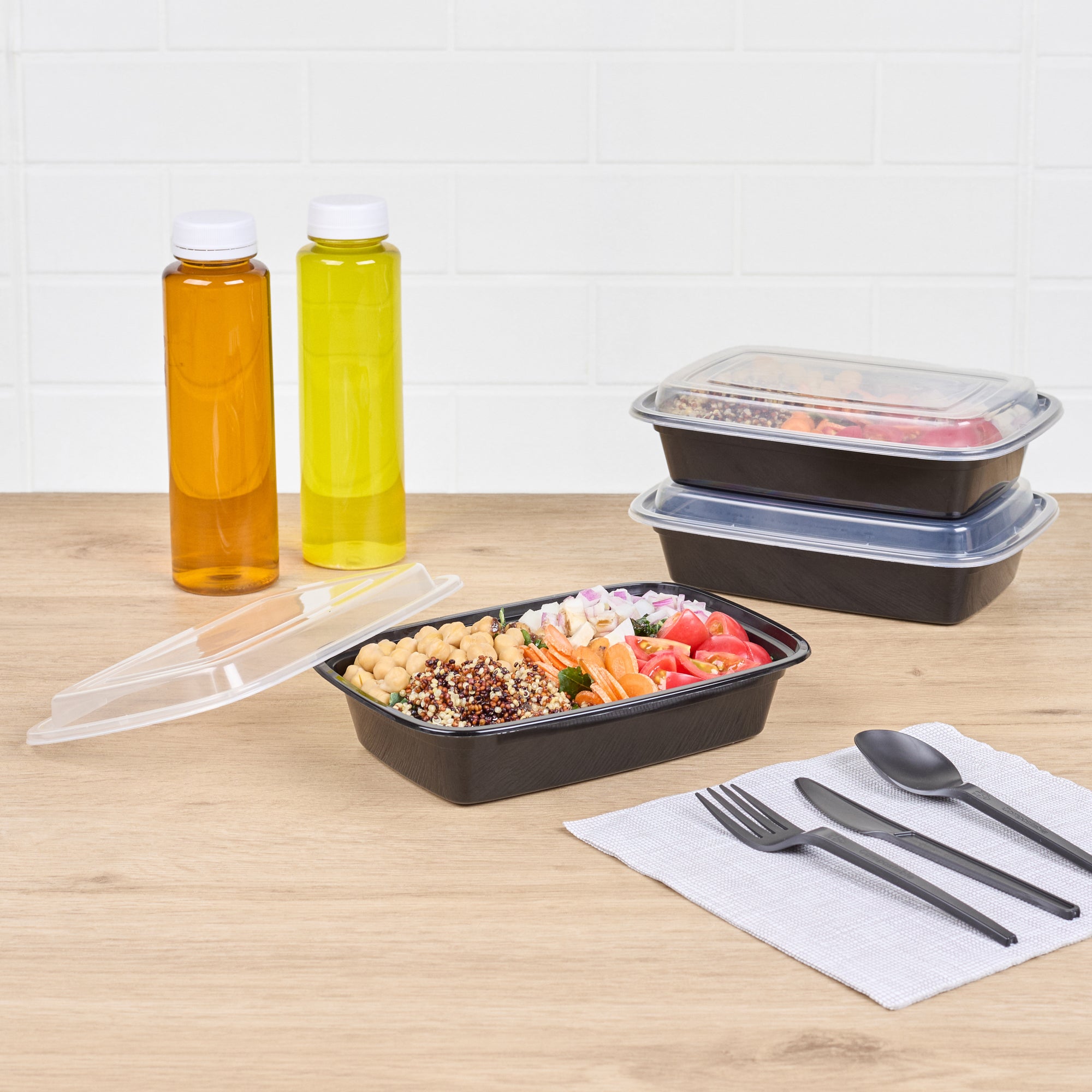 Asporto 24 oz Rectangle Black Plastic To Go Box - with Clear Lid, Microwavable - 8" x 5 1/4" x 1 3/4" - 100 count box
