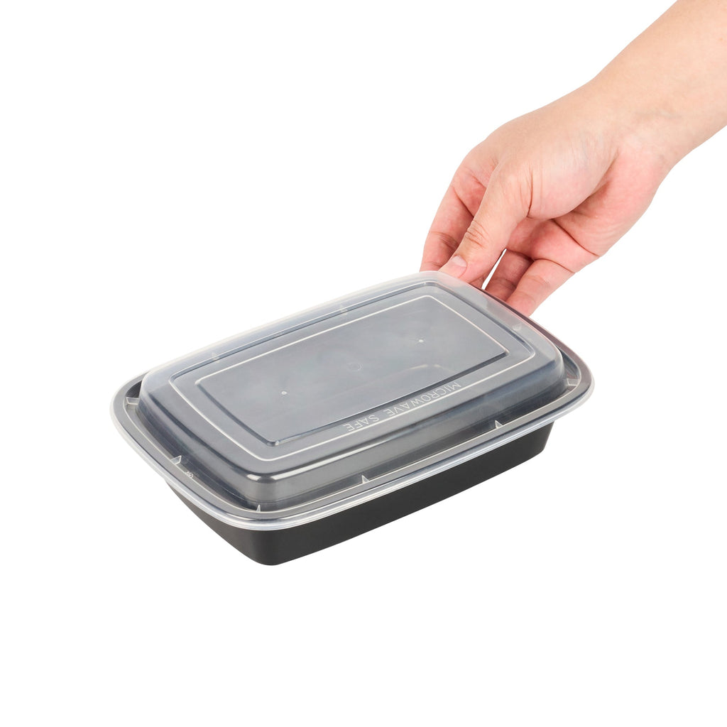 Asporto 24 oz Rectangle Black Plastic To Go Box - with Clear Lid, Microwavable - 8" x 5 1/4" x 1 3/4" - 100 count box