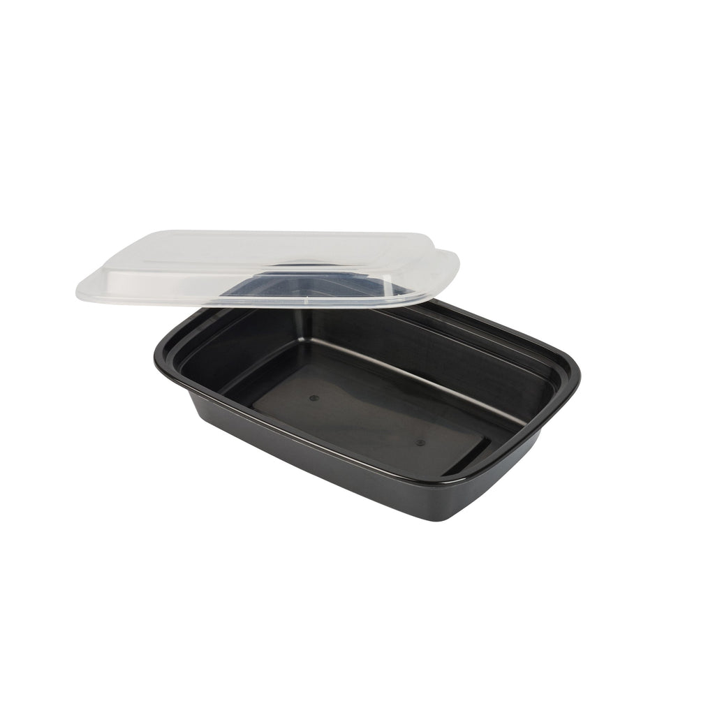 Asporto 24 oz Rectangle Black Plastic To Go Box - with Clear Lid, Microwavable - 8" x 5 1/4" x 1 3/4" - 100 count box