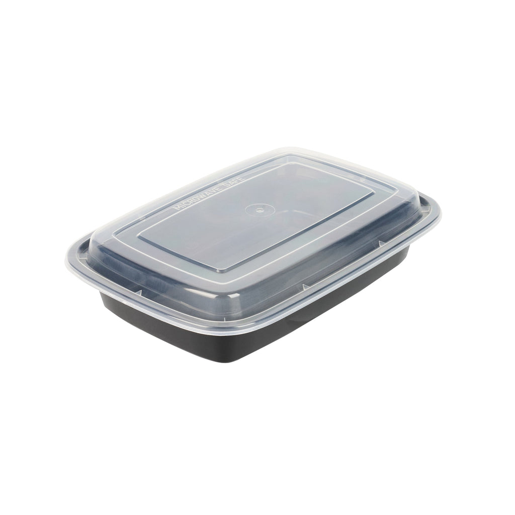 Asporto 28 oz Rectangle Black Plastic To Go Box - with Clear Lid, Microwavable - 8 3/4" x 6" x 1 1/2" - 100 count box