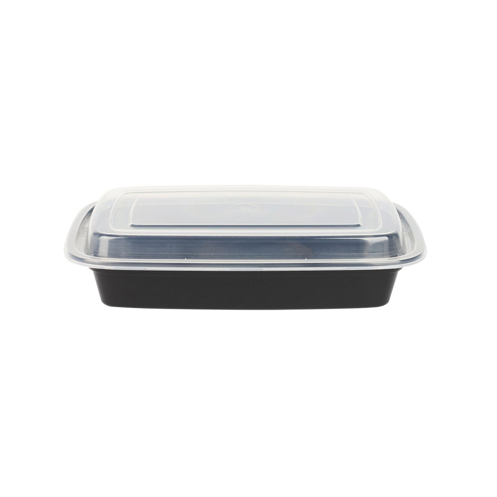 Asporto 28 oz Rectangle Black Plastic To Go Box - with Clear Lid, Microwavable - 8 3/4" x 6" x 1 1/2" - 100 count box