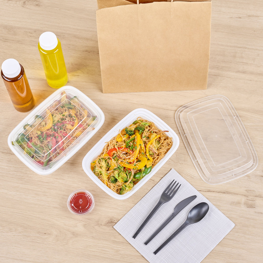 Asporto 28 oz Rectangle White Plastic To Go Box - with Clear Lid, Microwavable - 8 3/4" x 6" x 1 1/2" - 100 count box