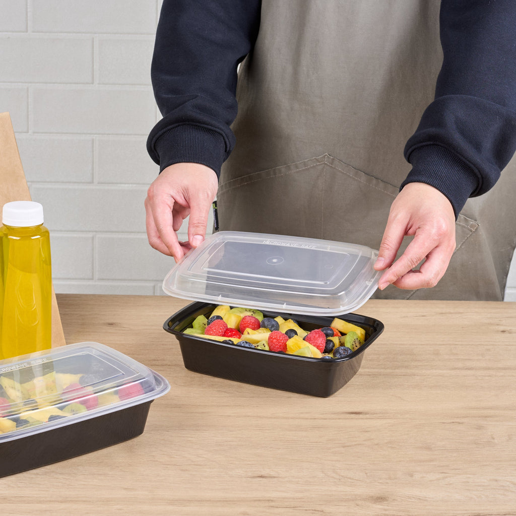 Asporto 38 oz Rectangle Black Plastic To Go Box - with Clear Lid, Microwavable - 8 3/4" x 6" x 2" - 100 count box