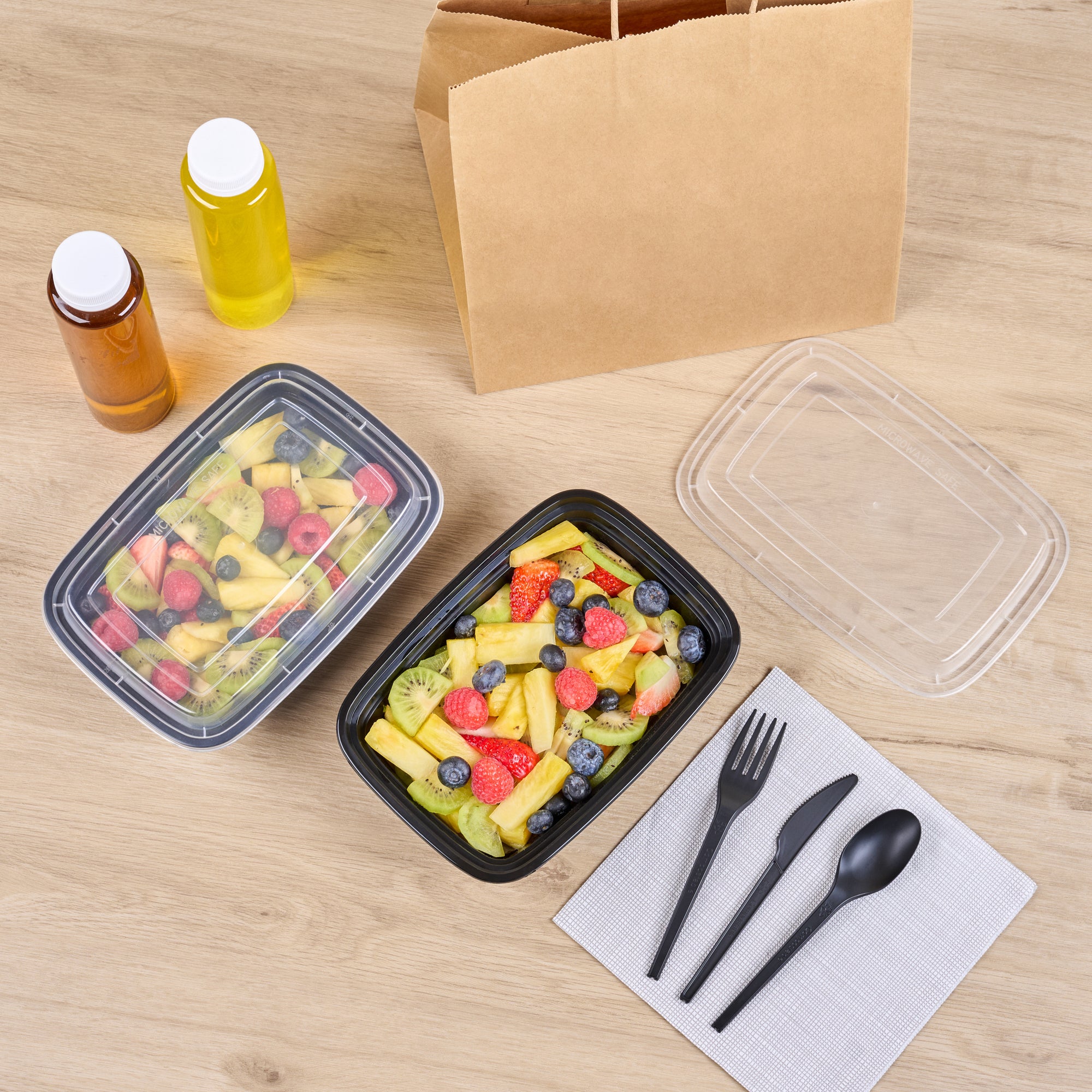 Asporto 38 oz Rectangle Black Plastic To Go Box - with Clear Lid, Microwavable - 8 3/4" x 6" x 2" - 100 count box