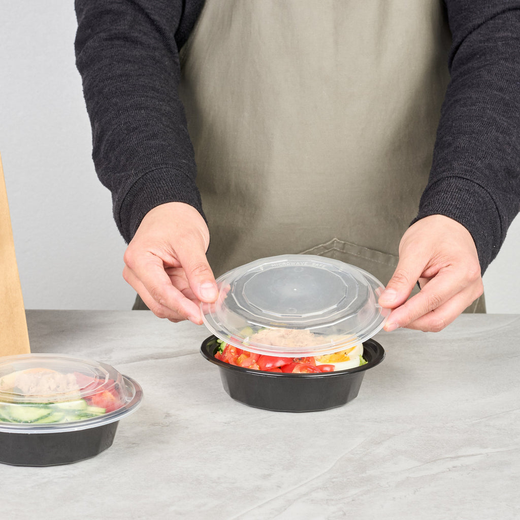Asporto 16 oz Round Black Plastic To Go Box - with Clear Lid, Microwavable - 6 1/4" x 6 1/4" x 1 3/4" - 100 count box