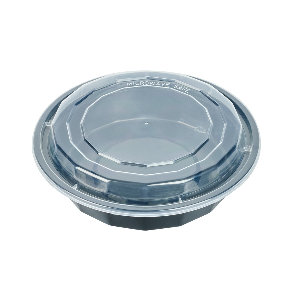 Asporto 24 oz Round Black Plastic To Go Box - with Clear Lid, Microwavable - 7 1/4" x 7 1/4" x 1 1/2" - 100 count box