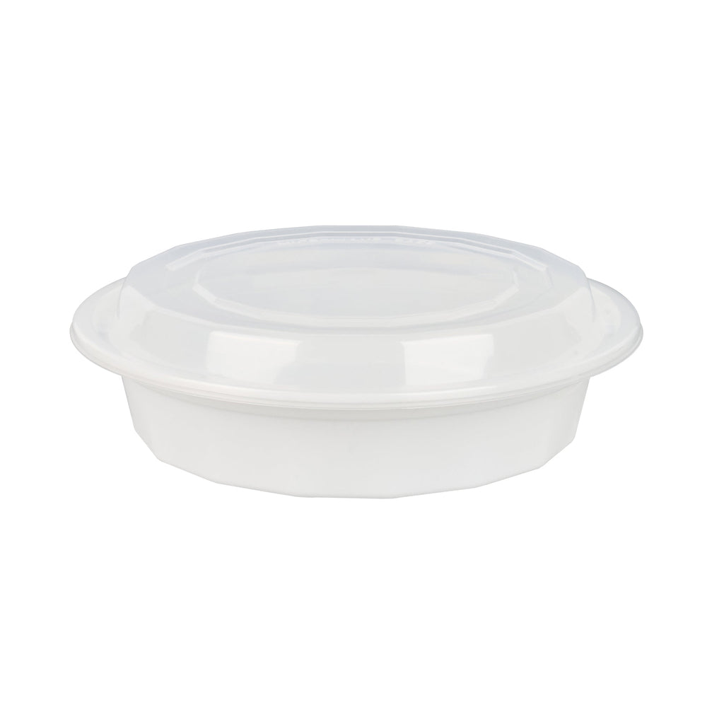 Asporto 24 oz Round White Plastic To Go Box - with Clear Lid, Microwavable - 7 1/4" x 7 1/4" x 1 1/2" - 100 count box