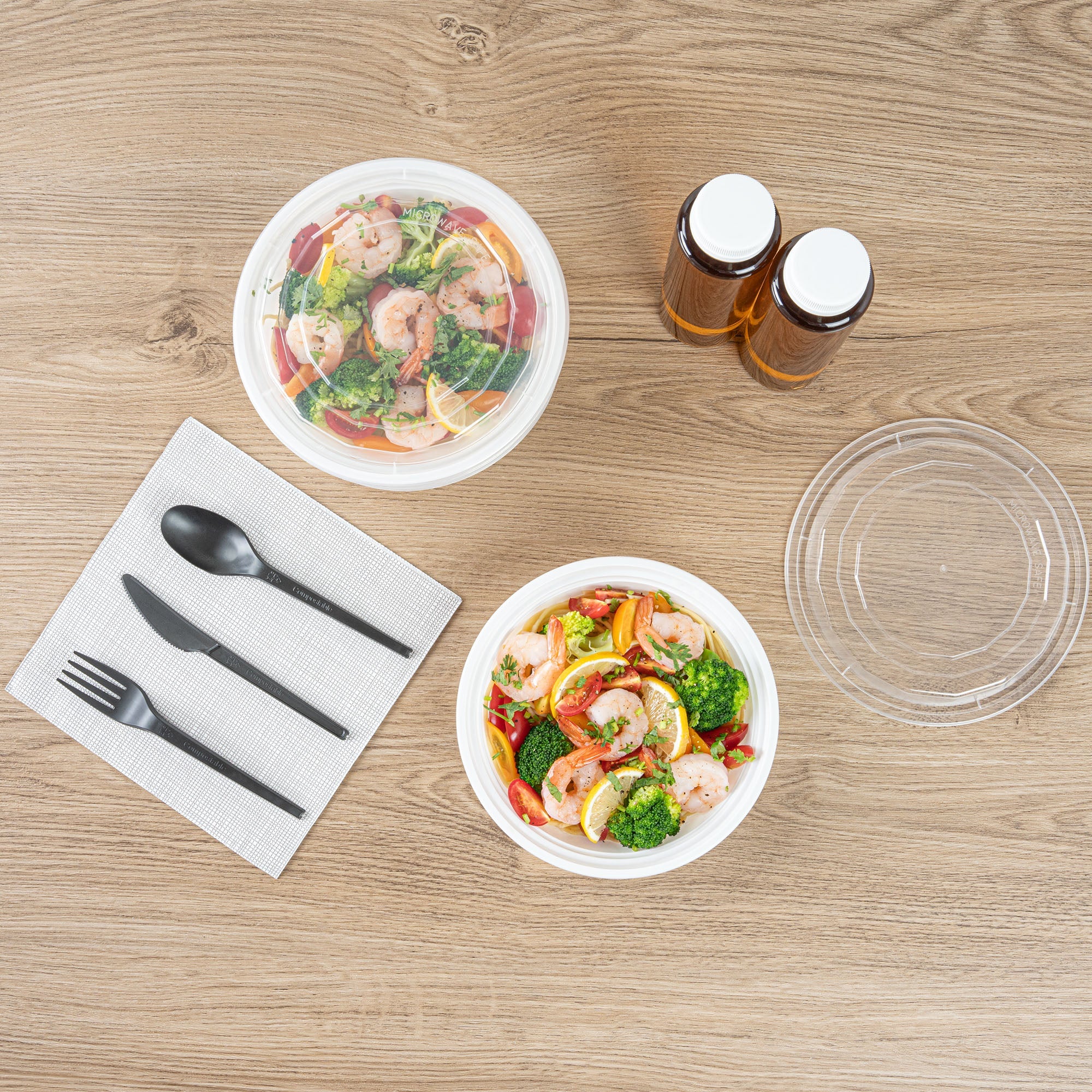 Asporto 24 oz Round White Plastic To Go Box - with Clear Lid, Microwavable - 7 1/4" x 7 1/4" x 1 1/2" - 100 count box