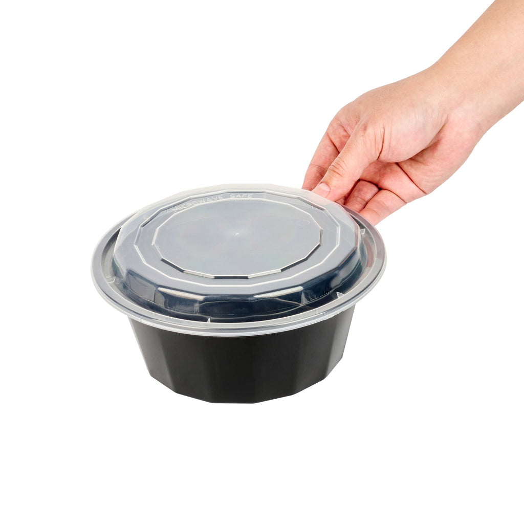 Asporto 32 oz Round Black Plastic To Go Box - with Clear Lid, Microwavable - 7 1/4" x 7 1/4" x 3" - 100 count box