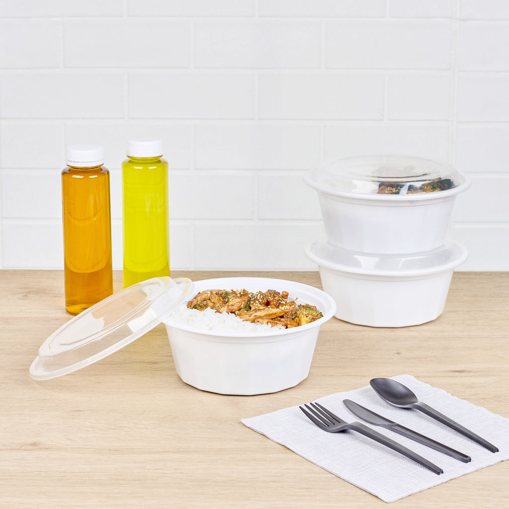 Asporto 32 oz Round White Plastic To Go Box - with Clear Lid, Microwavable - 7 1/4" x 7 1/4" x 3" - 100 count box