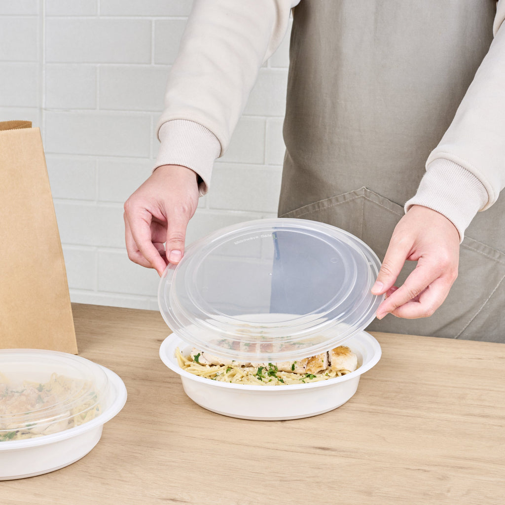 Asporto 48 oz Round White Plastic To Go Box - with Clear Lid, Microwavable - 9" x 9" x 1 3/4" - 100 count box