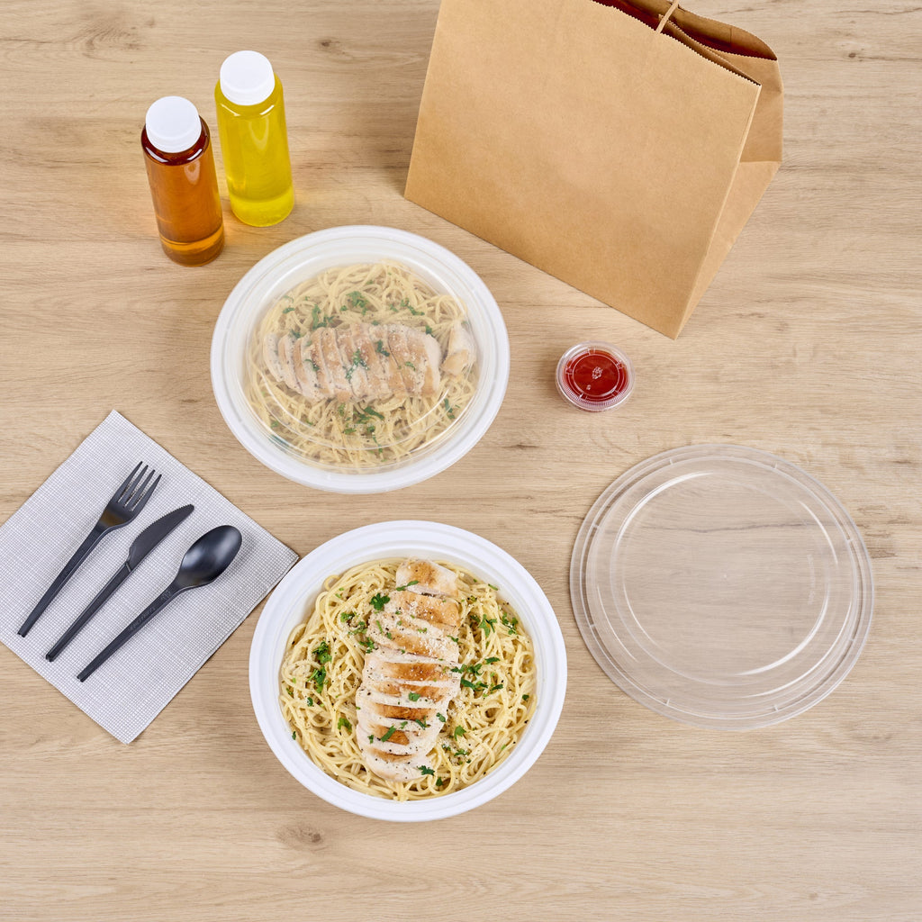 Asporto 48 oz Round White Plastic To Go Box - with Clear Lid, Microwavable - 9" x 9" x 1 3/4" - 100 count box