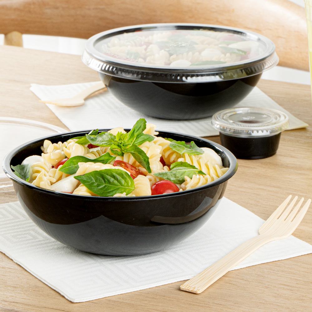 Maxi Serve 21 oz Round Black Plastic Salad Bowl - 6 3/4" x 6 3/4" x 2 1/2" - 200 count box