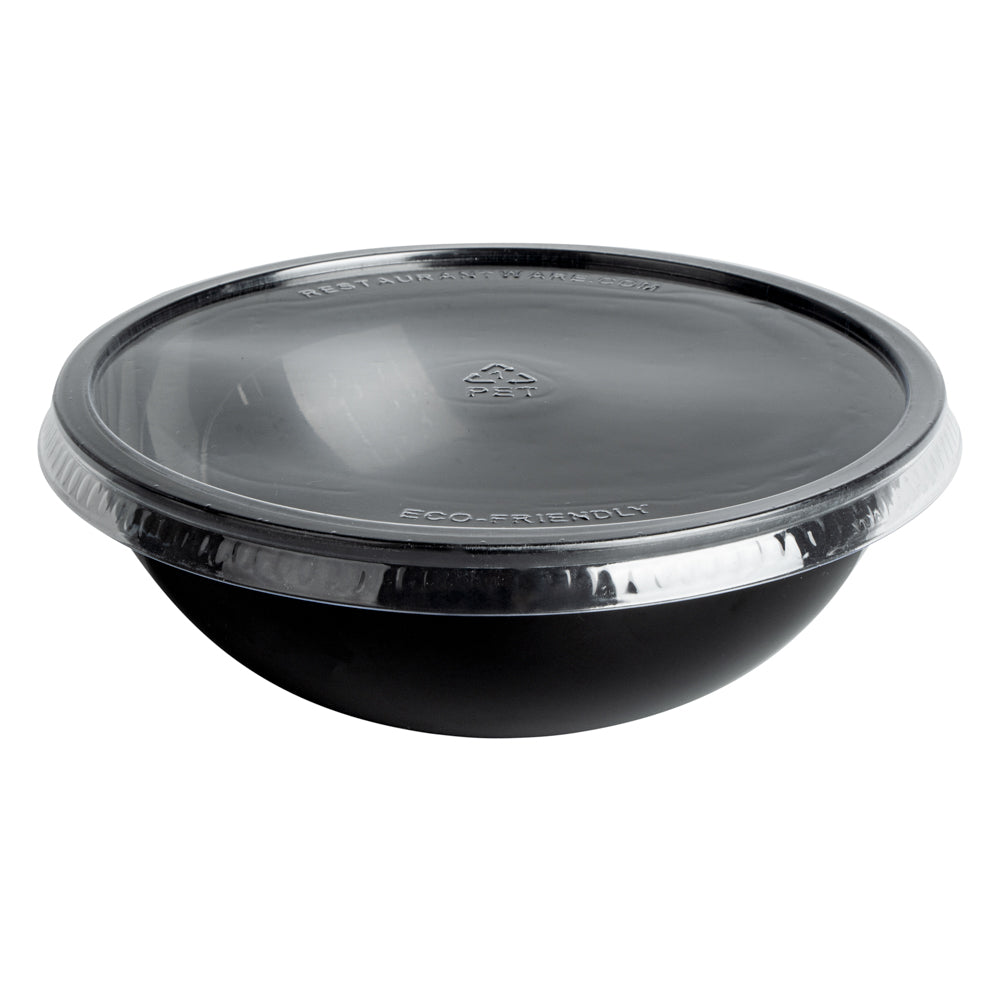 Maxi Serve 21 oz Round Black Plastic Salad Bowl - 6 3/4" x 6 3/4" x 2 1/2" - 200 count box