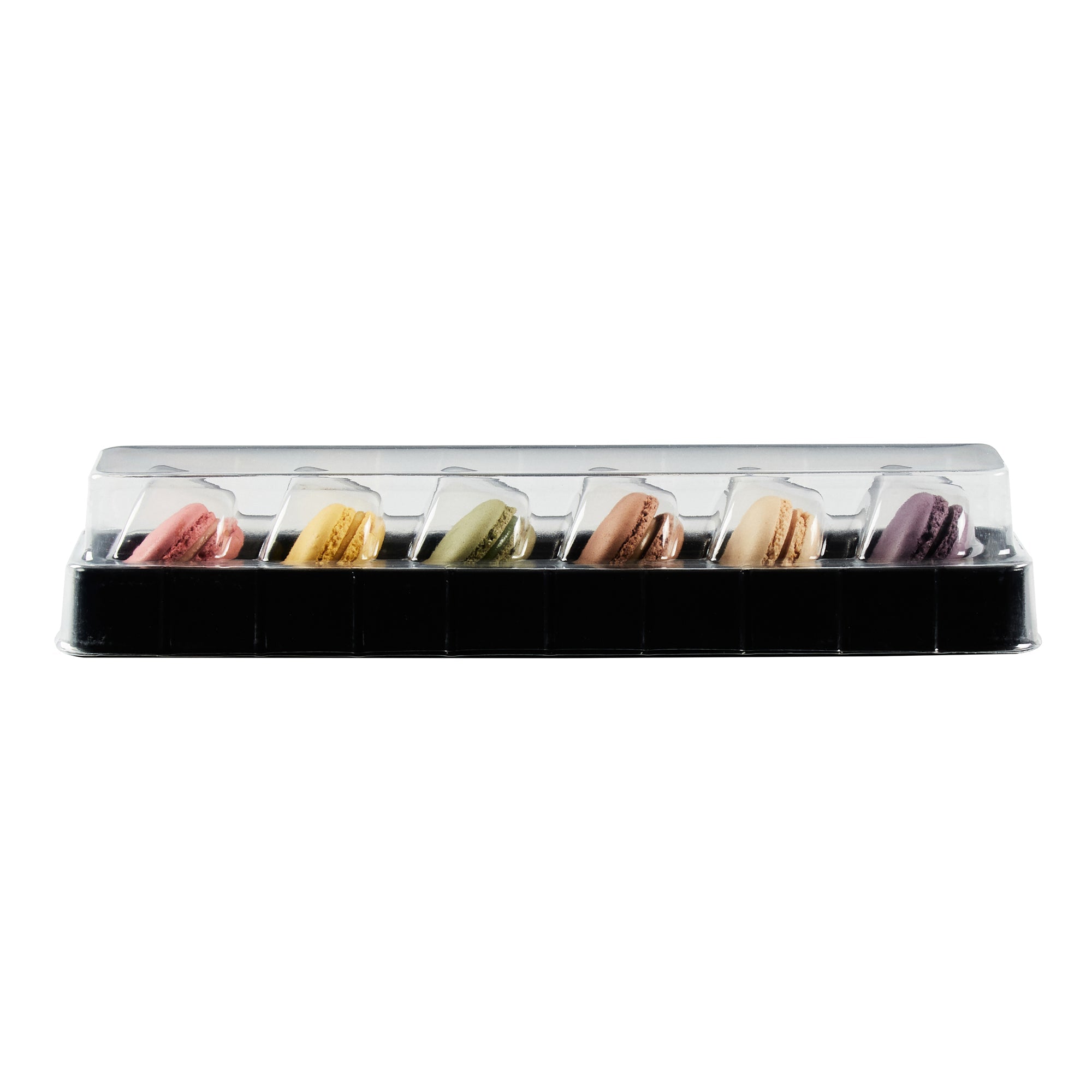 Shock Safe Rectangle Black Plastic Macaron Take Out Box - Fits 6 Macarons - 11" x 2 1/2" x 2" - 100 count box