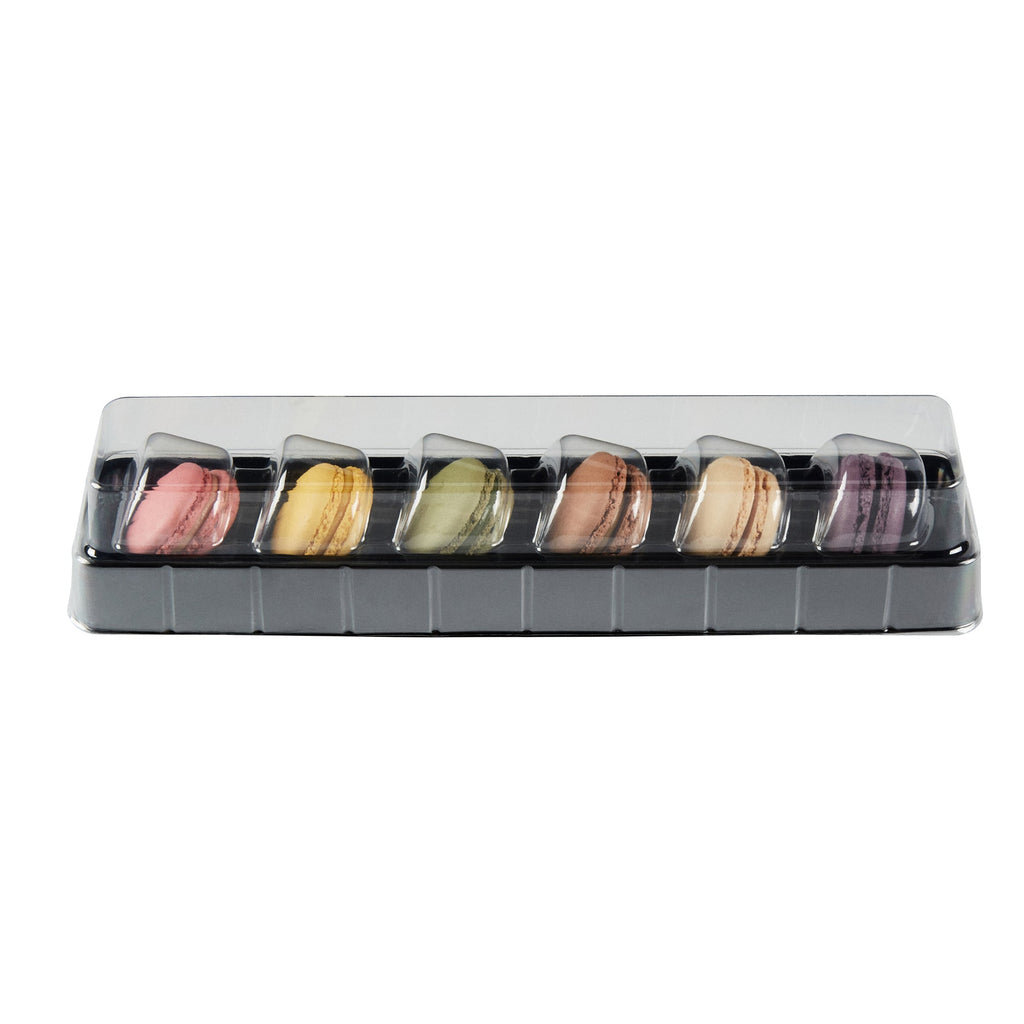 Shock Safe Rectangle Black Plastic Macaron Take Out Box - Fits 6 Macarons - 11" x 2 1/2" x 2" - 100 count box