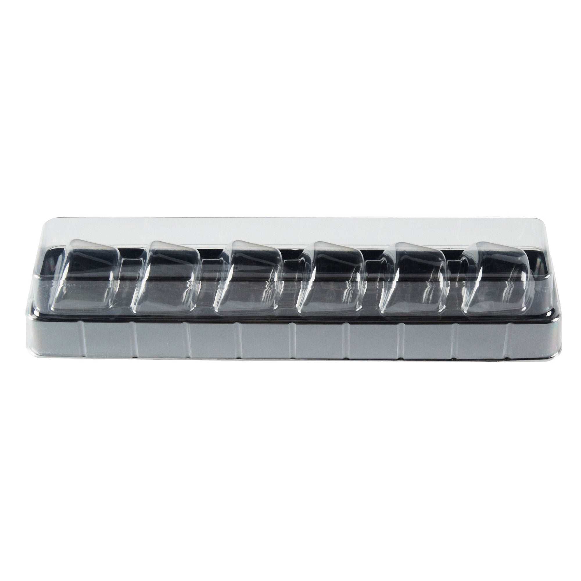 Shock Safe Rectangle Black Plastic Macaron Take Out Box - Fits 6 Macarons - 11" x 2 1/2" x 2" - 100 count box