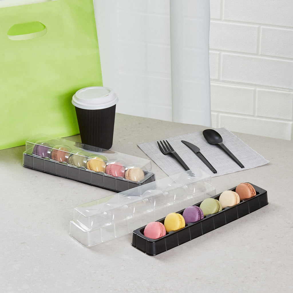 Shock Safe Rectangle Black Plastic Macaron Take Out Box - Fits 6 Macarons - 11" x 2 1/2" x 2" - 100 count box