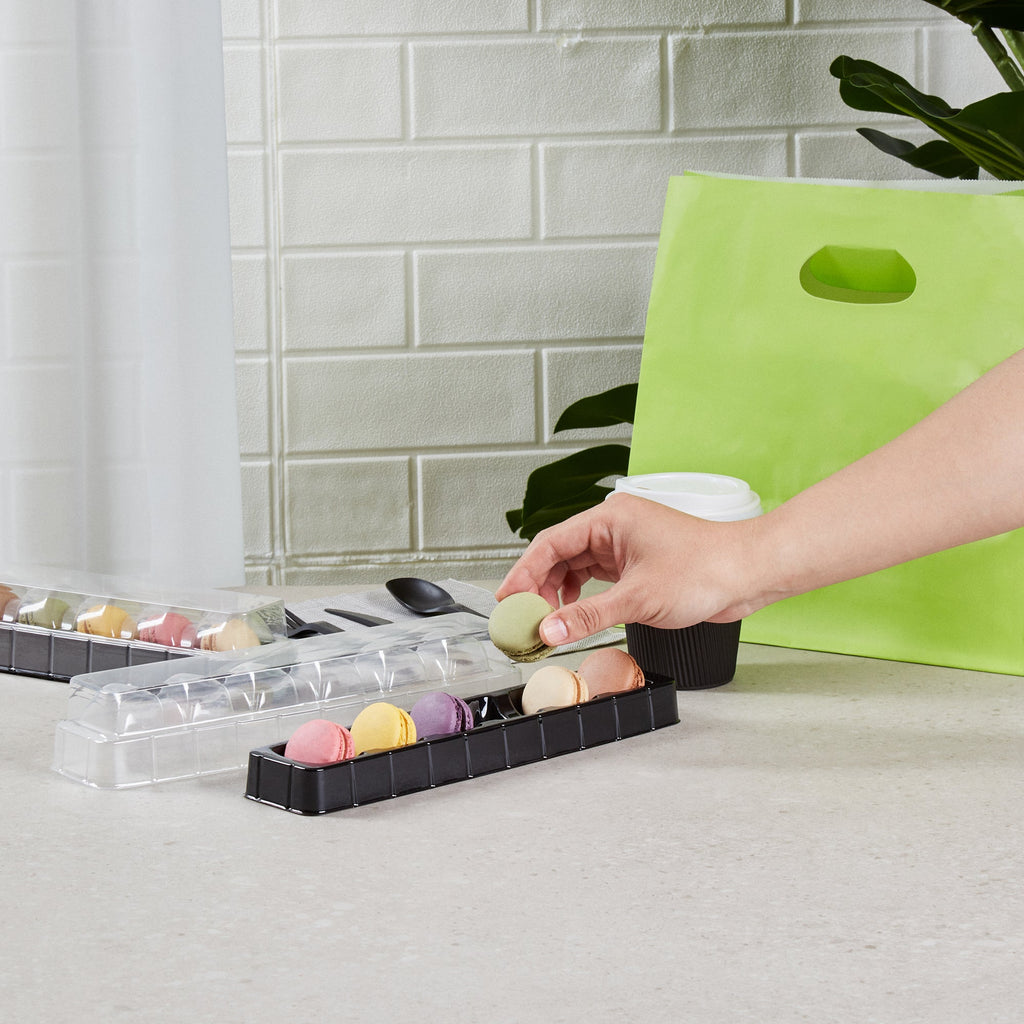 Shock Safe Rectangle Black Plastic Macaron Take Out Box - Fits 6 Macarons - 11" x 2 1/2" x 2" - 100 count box