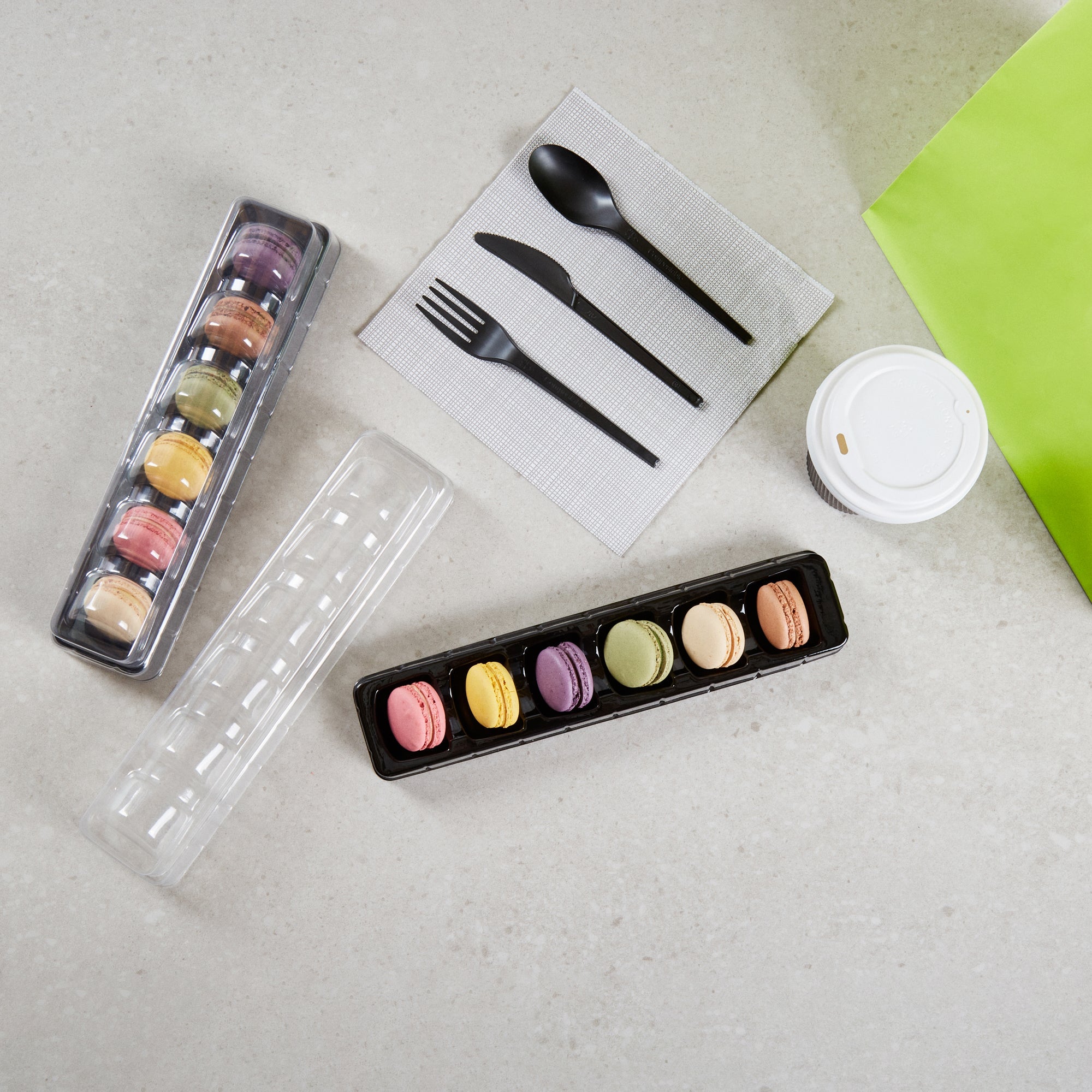 Shock Safe Rectangle Black Plastic Macaron Take Out Box - Fits 6 Macarons - 11" x 2 1/2" x 2" - 100 count box