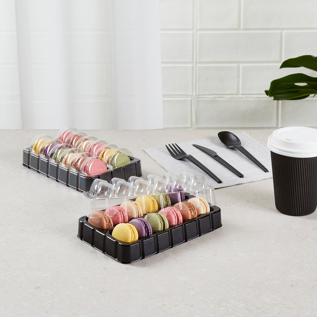 Shock Safe Rectangle Black Plastic Macaron Take Out Box - Fits 12 Macarons - 11" x 4 1/2" x 2" - 100 count box