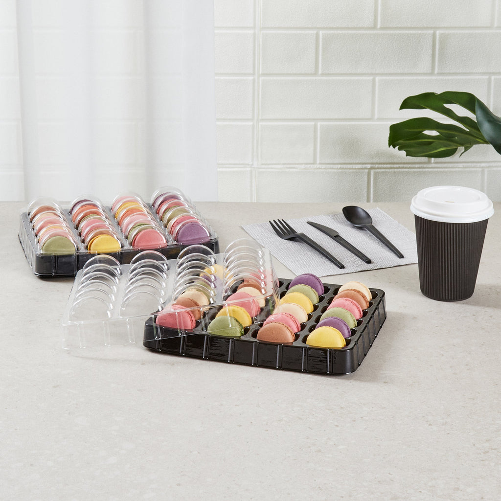 Shock Safe Rectangle Black Plastic Macaron Take Out Box - Fits 24 Macarons - 11" x 9" x 2" - 100 count box