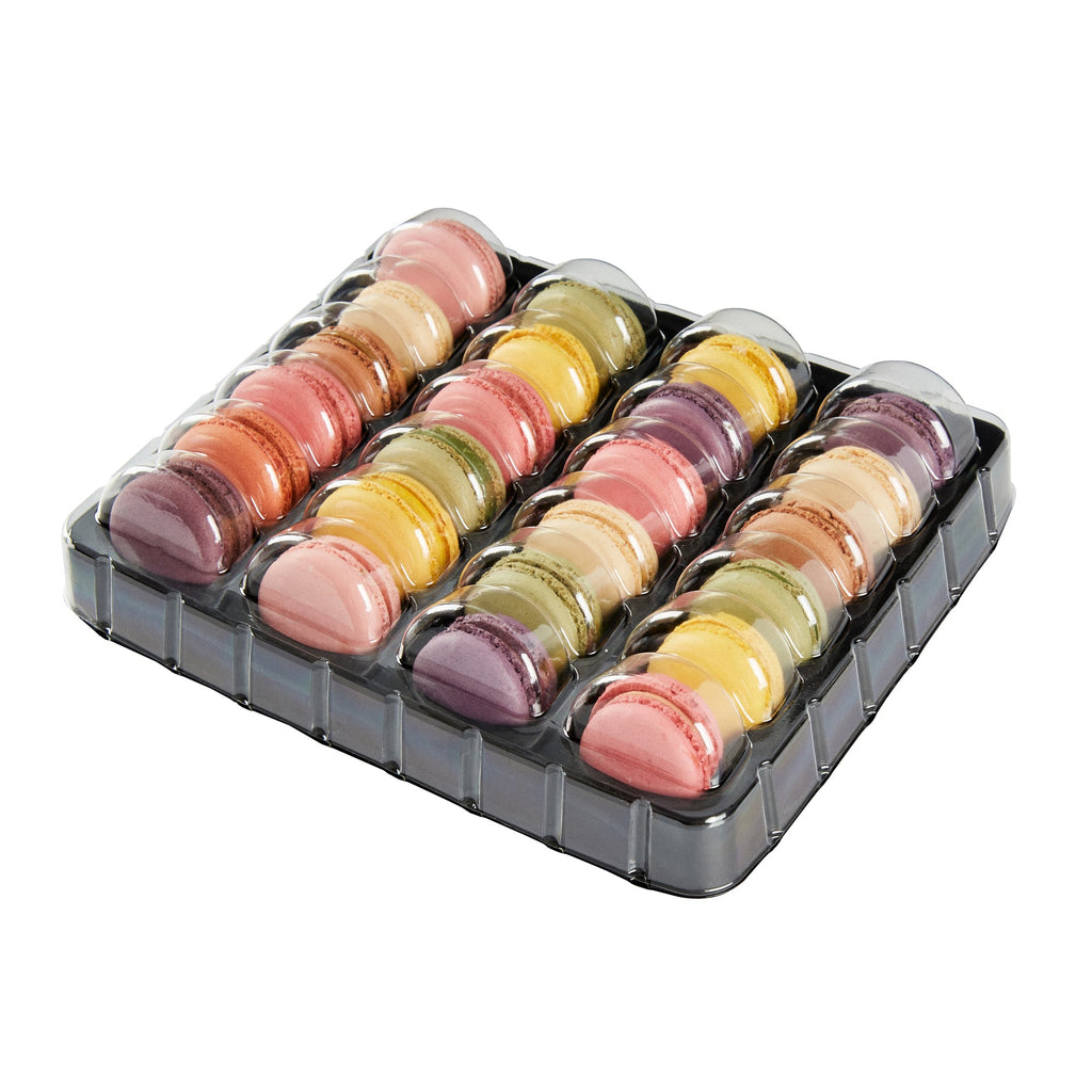 Shock Safe Rectangle Black Plastic Macaron Take Out Box - Fits 24 Macarons - 11" x 9" x 2" - 100 count box
